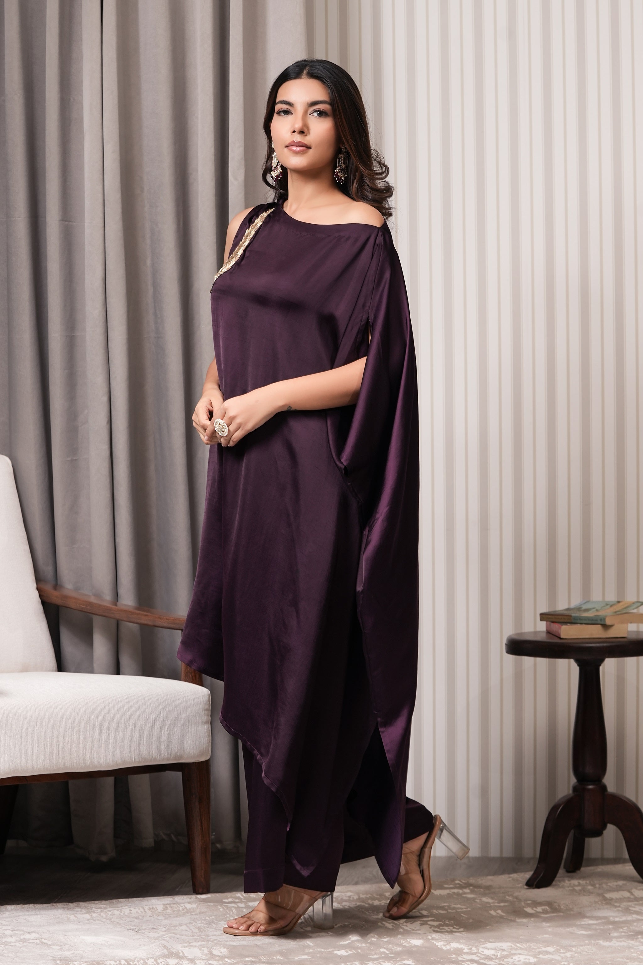 One Shoulder Asymmetric Kurta Set - Purple