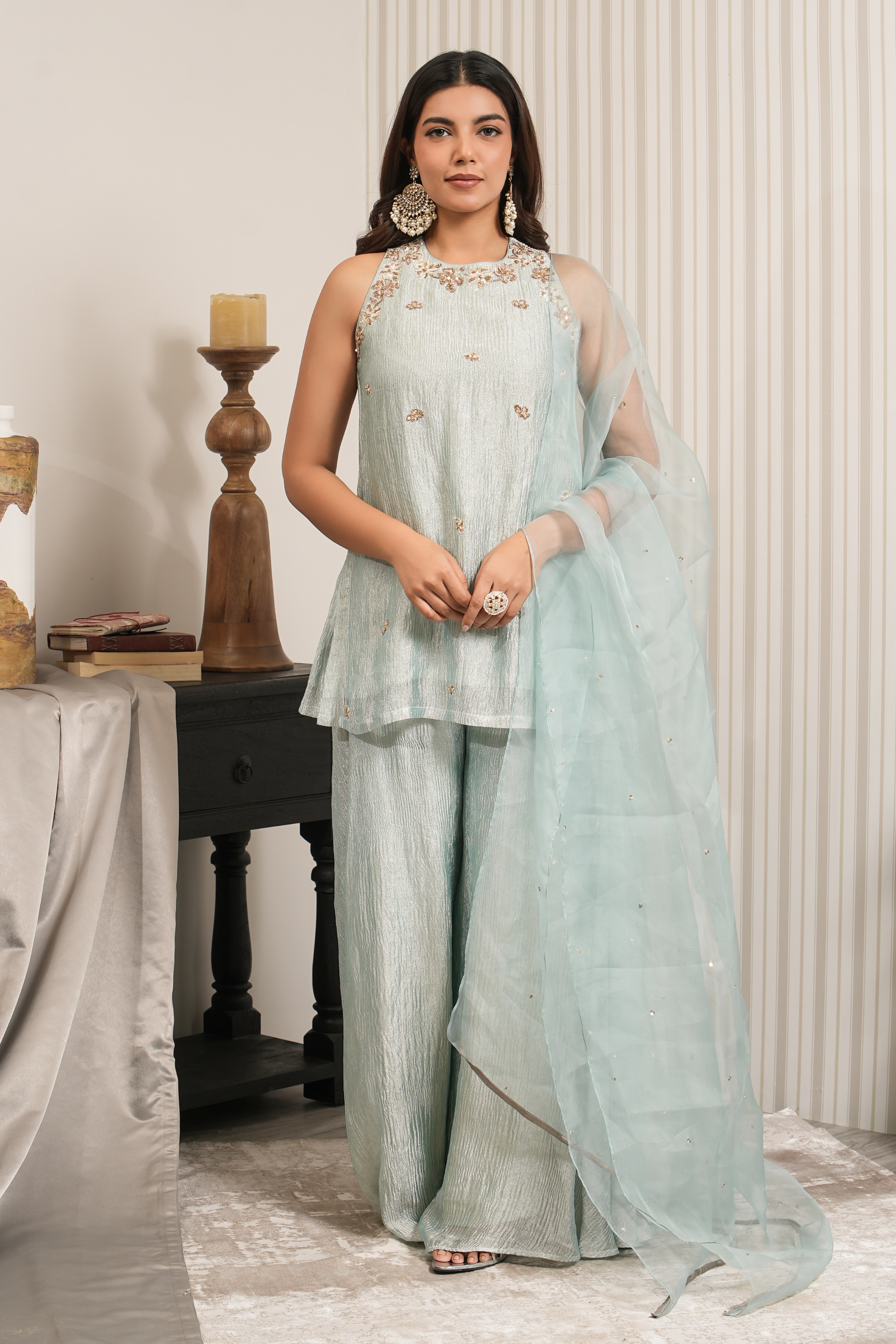 Embroidered Crushed Tissue Short Kuti Sharara Set - Mint