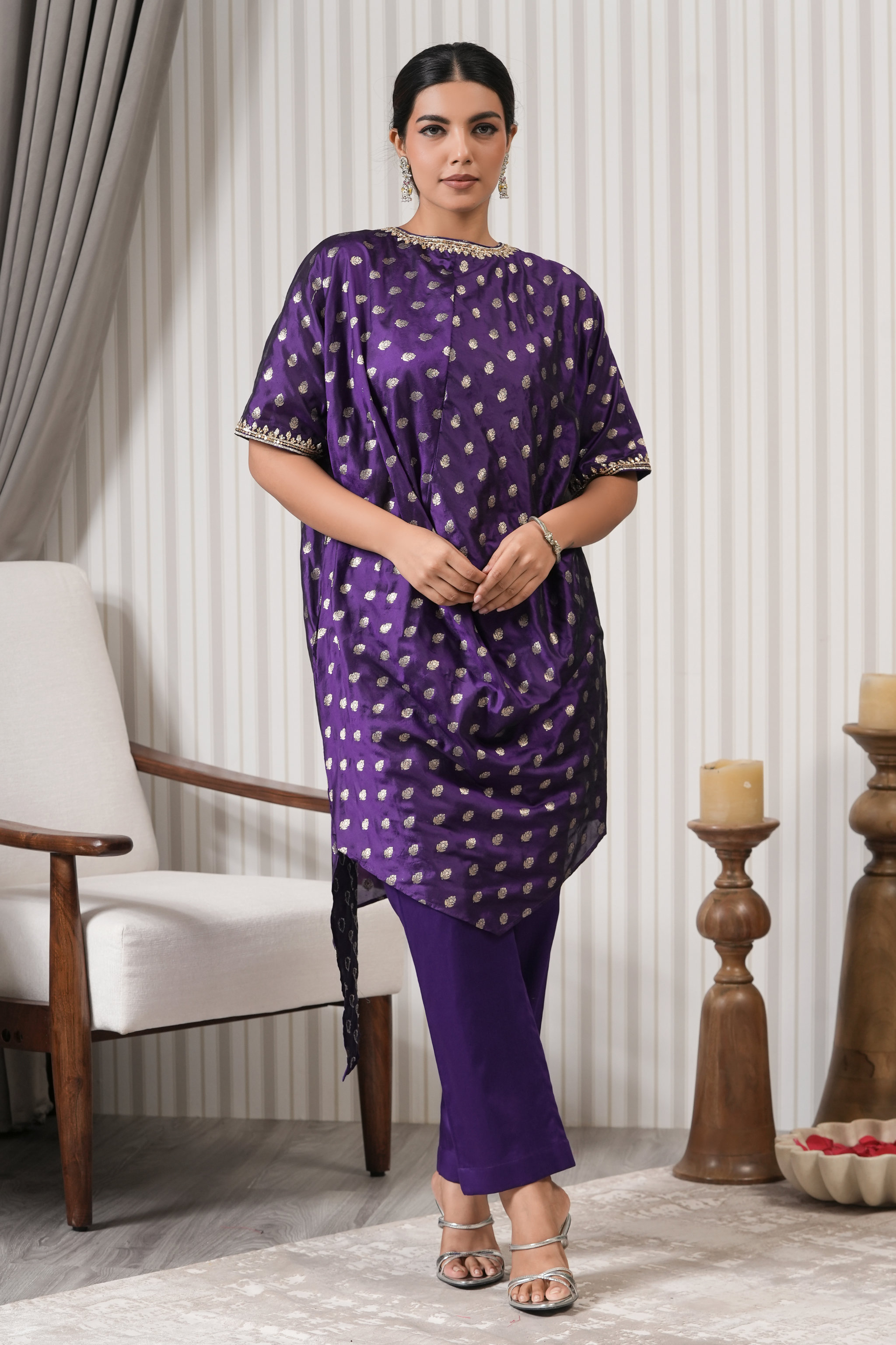 Embroidered Pure Brocade Kurta Set - Purple