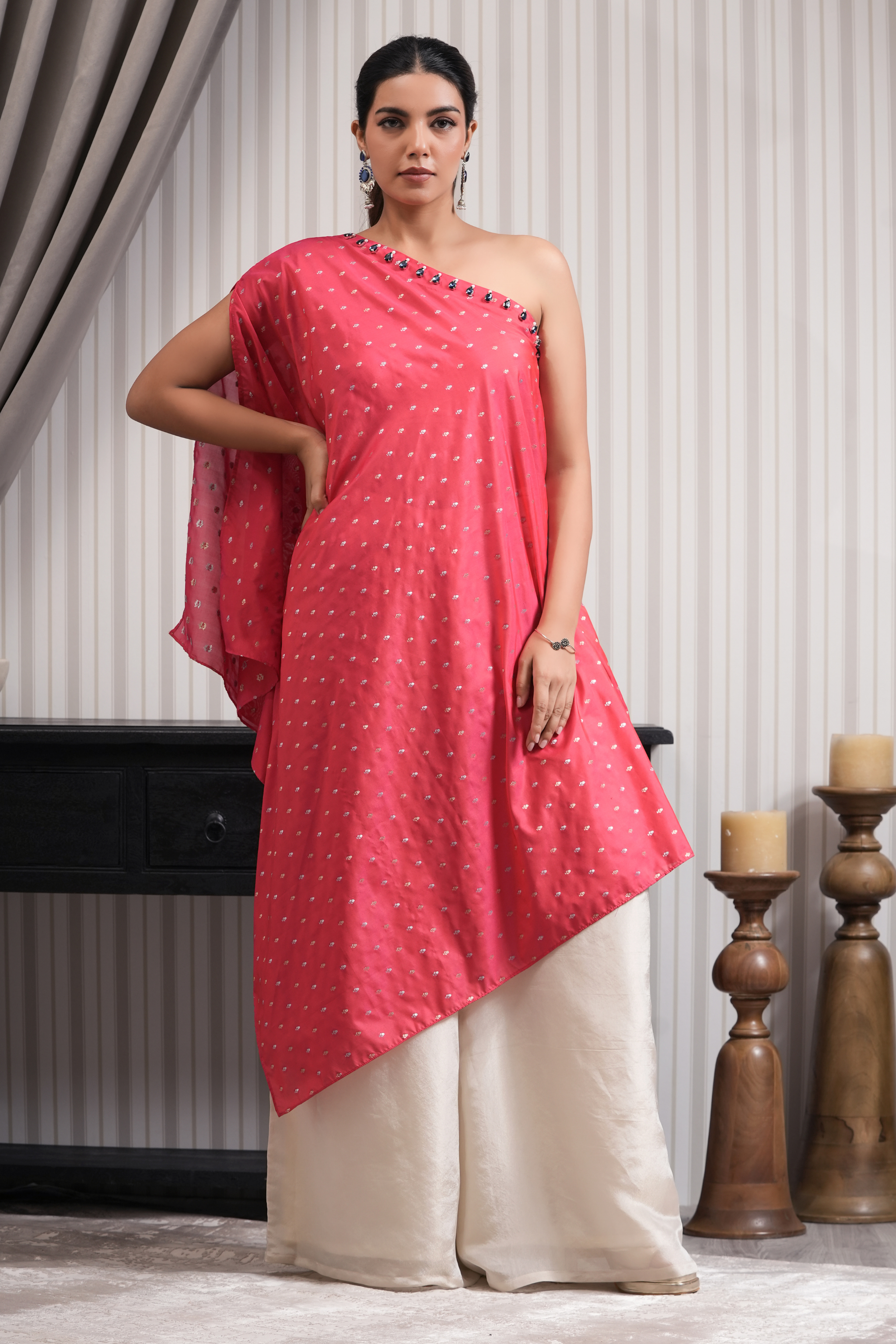 One Shoulder Stone Embroidered Brocade Printed Kurta Set - Pink