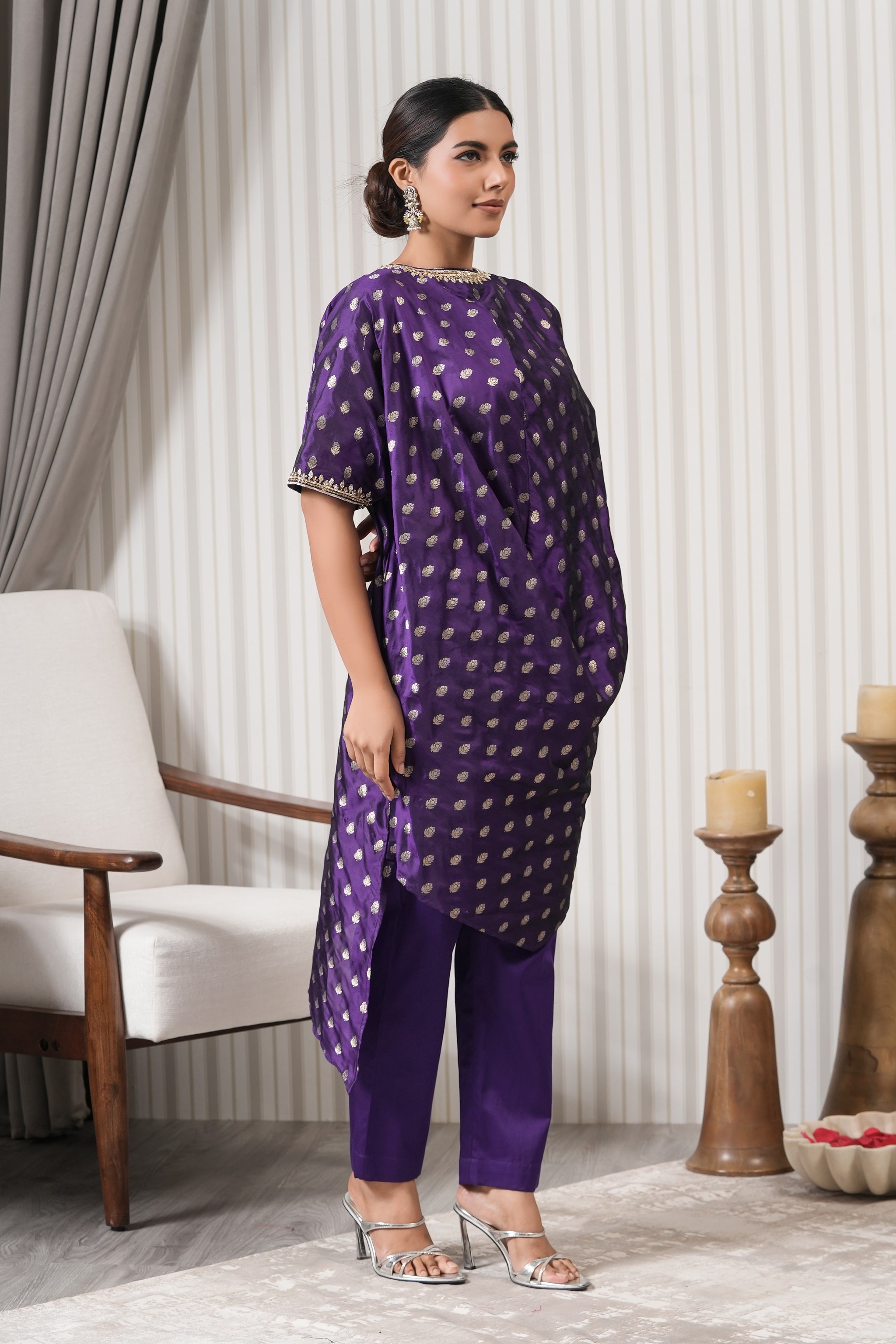 Embroidered Pure Brocade Kurta Set - Purple