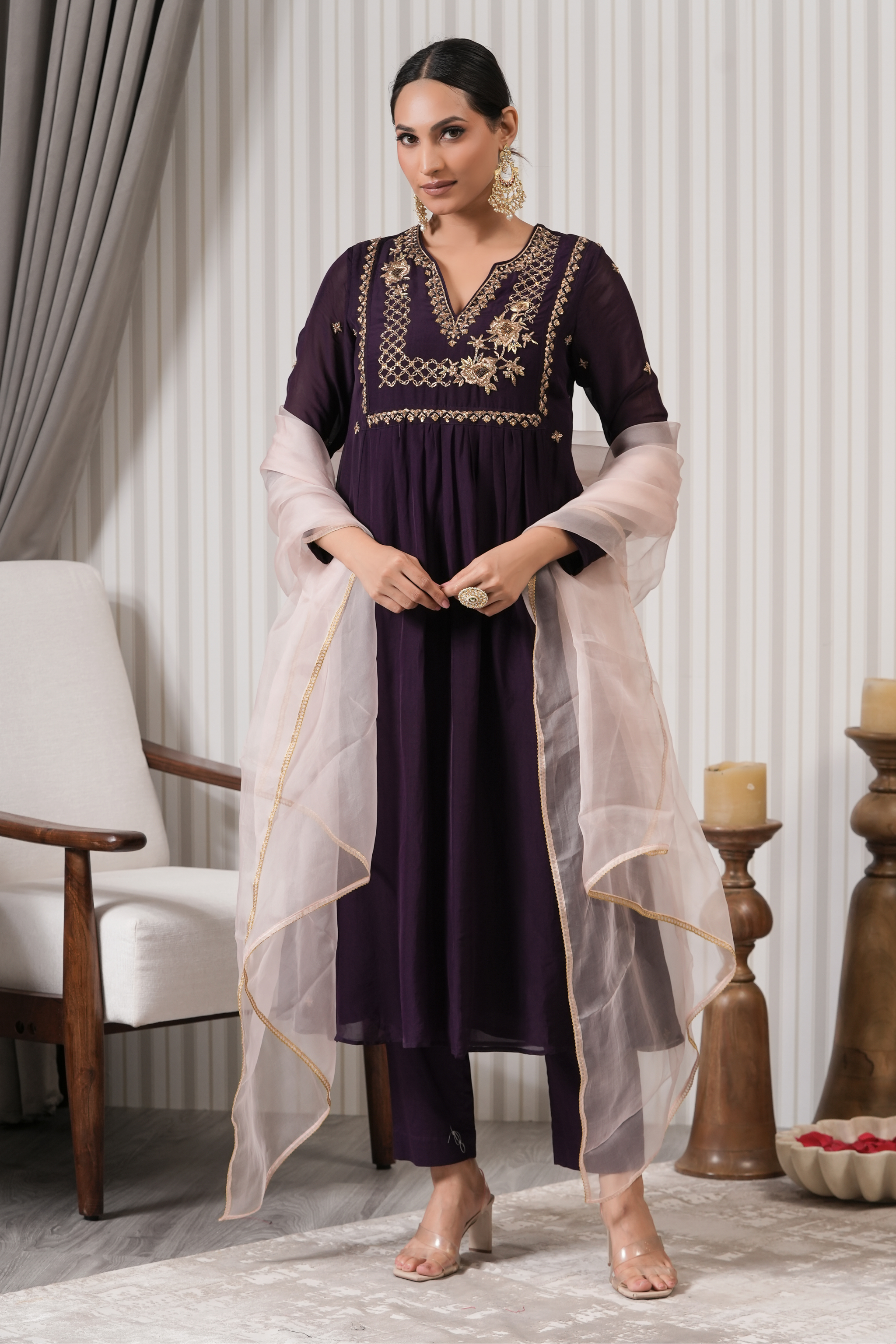 Embroidered Viscose Organaza Anarkali Suit Set - Wine