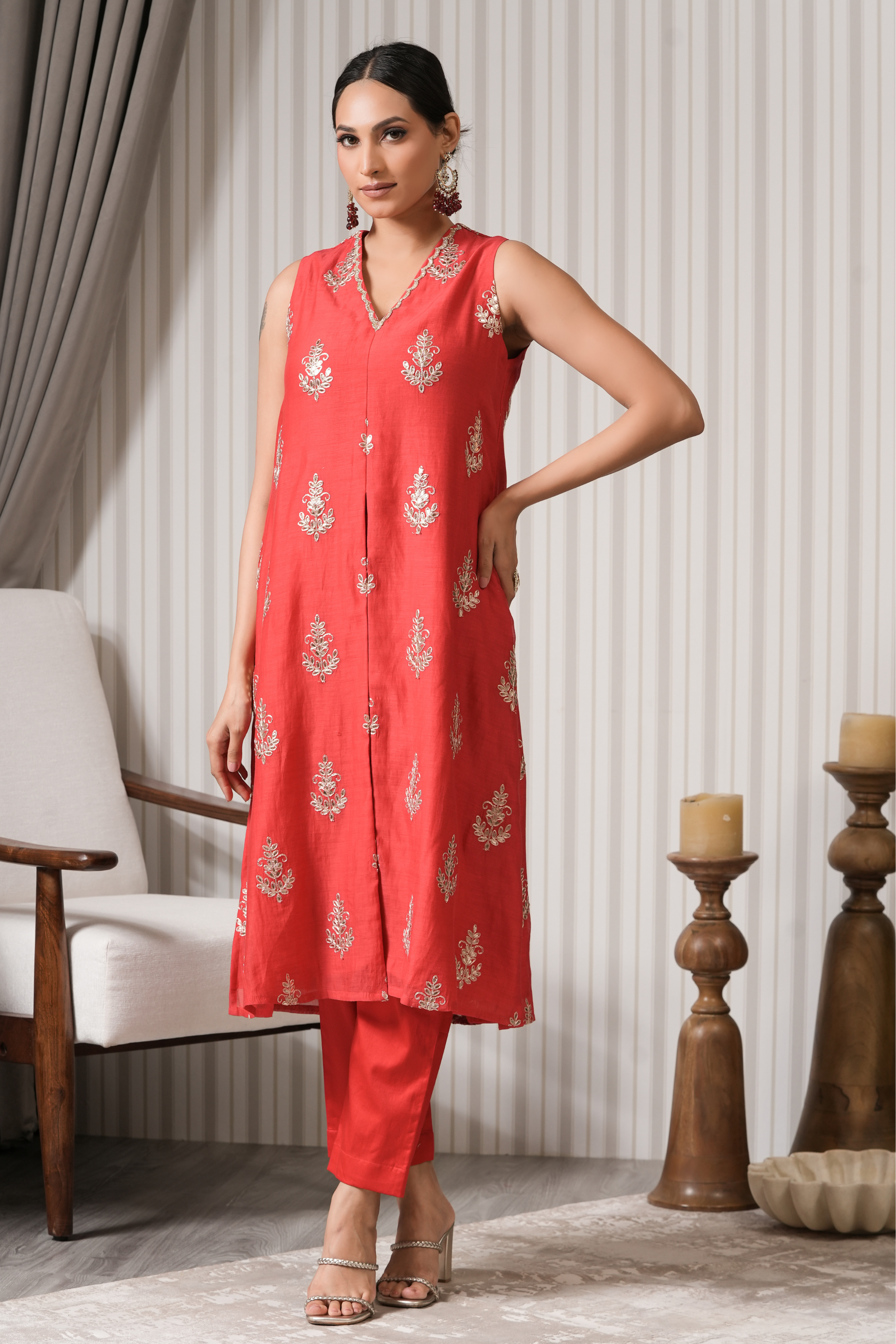 Pure Embroidered Chanderi A-line Kurta Set - Red