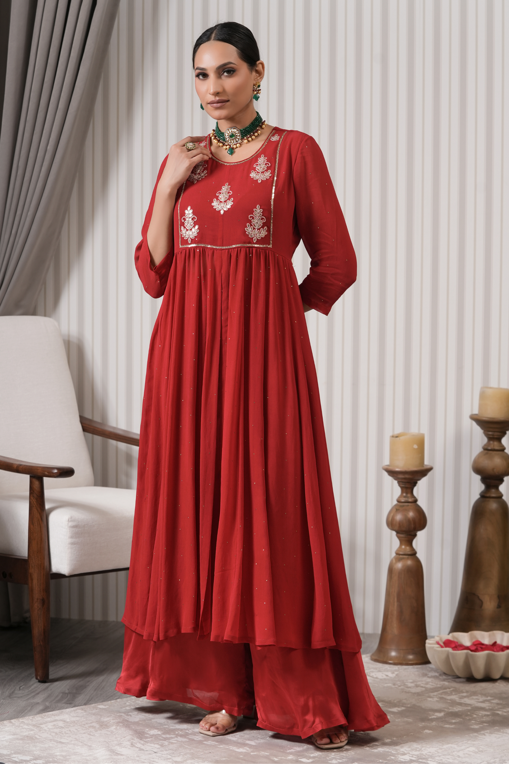 Embroidered Floral Butta Kurta Sharara Set - Red