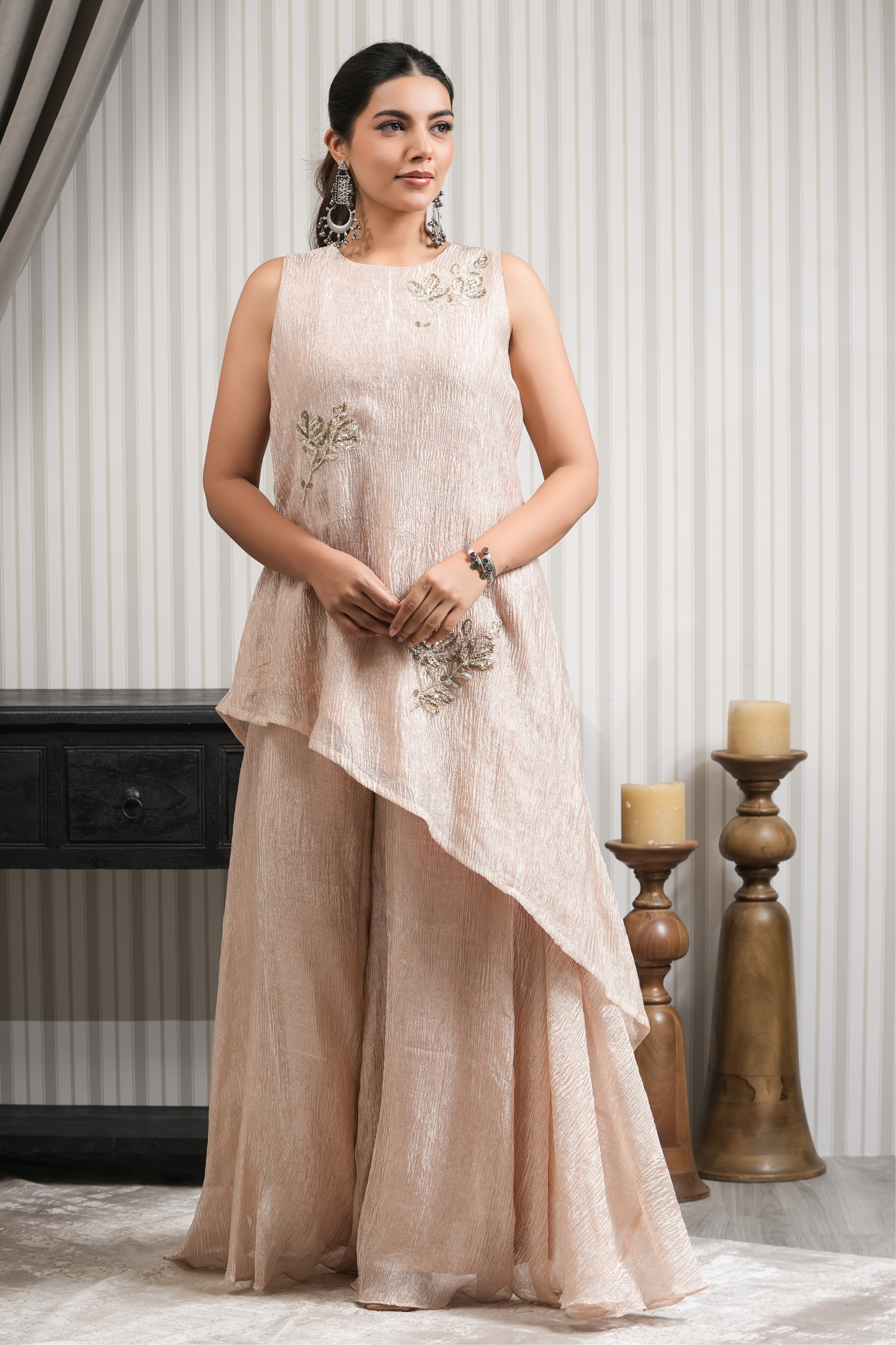 Crushed Tissue Embroidered Asymmetric Kurta Sharara Set - Pewter