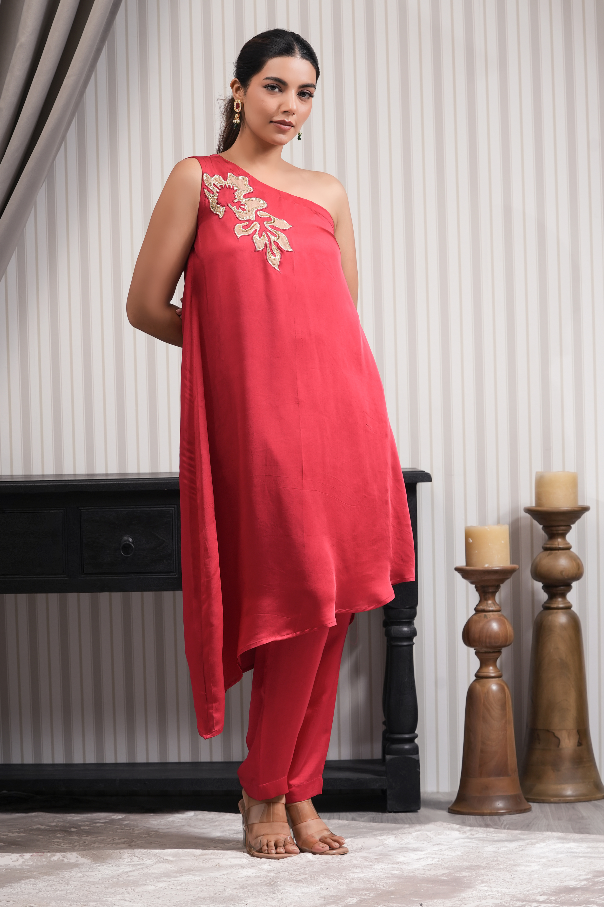 One Shoulder Embroidered Kurta Set - Red Pink