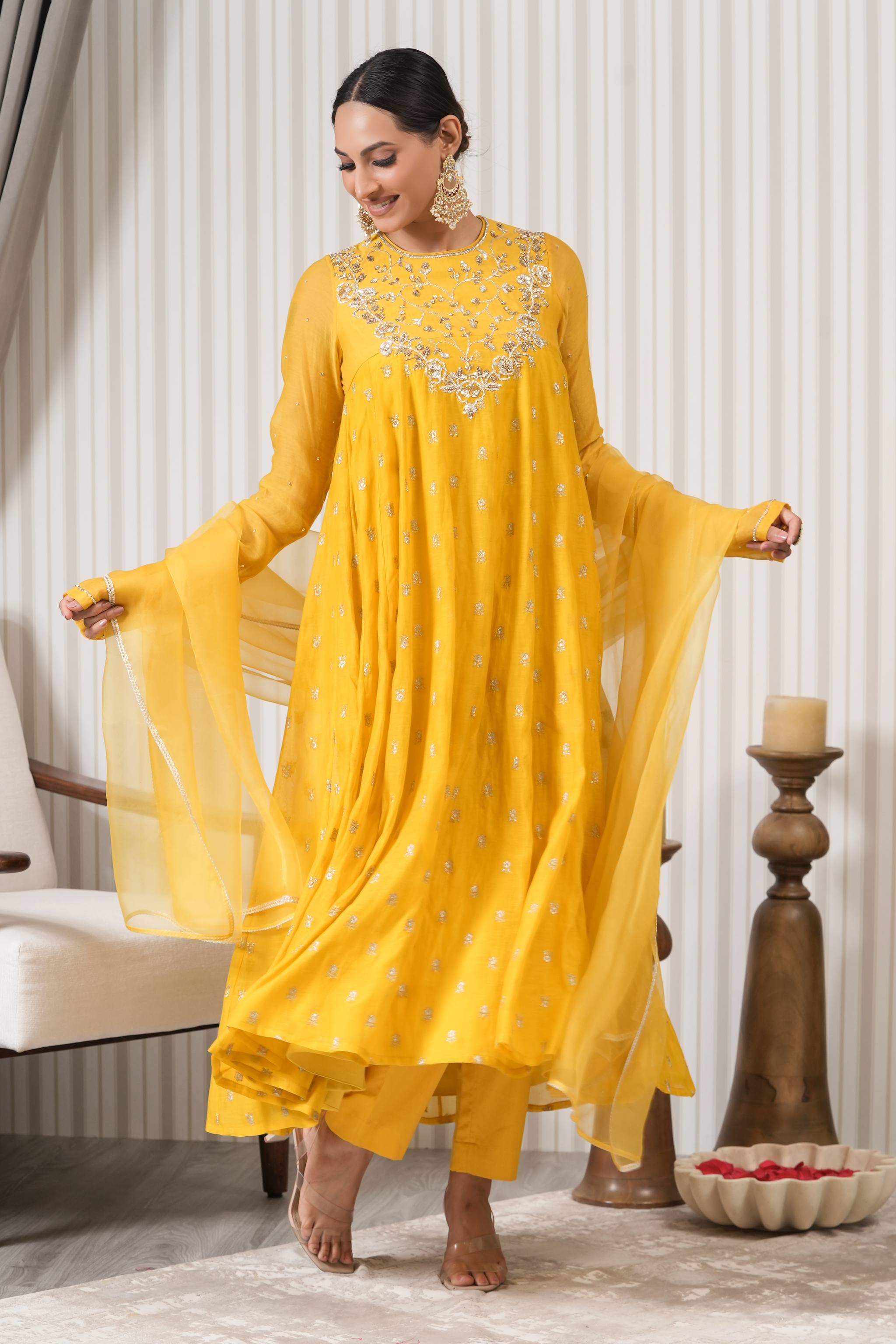 Handcrafted Pure Chanderi Anarkali Suit Set - Yellow