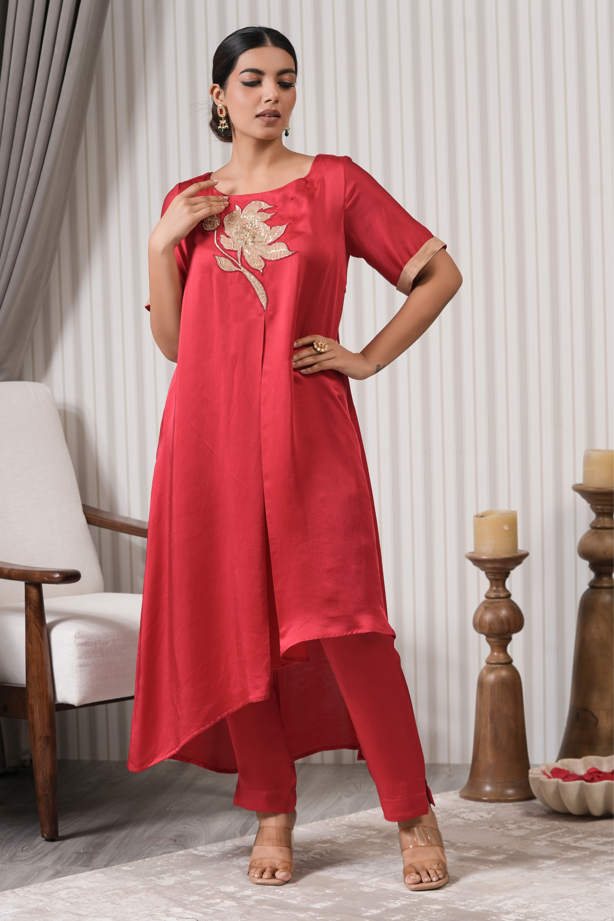 Embroidered Silk Asymmetric Kurta Set - Red Pink