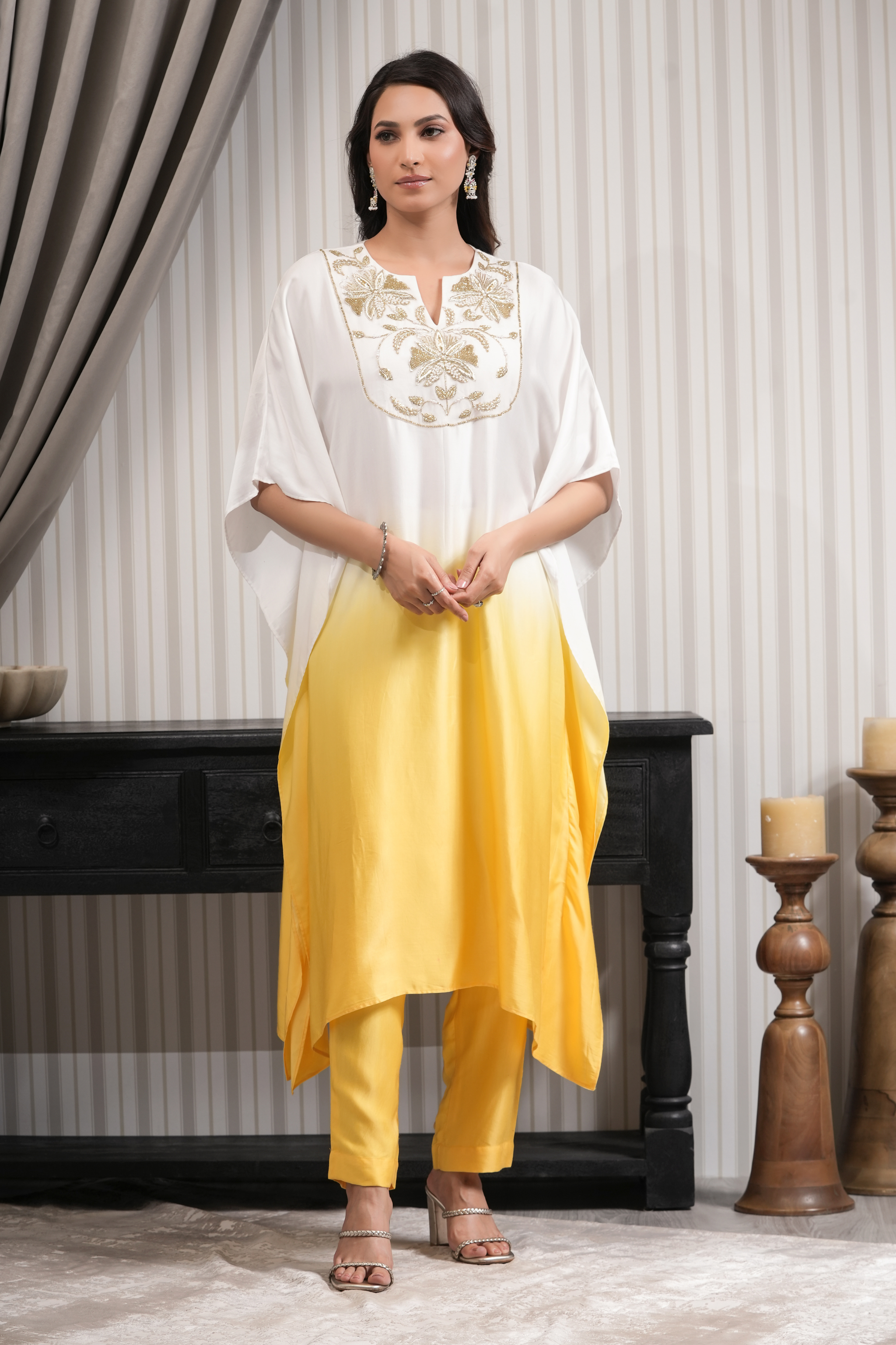 Embroidered Asymmetric Kurta Set - Yellow