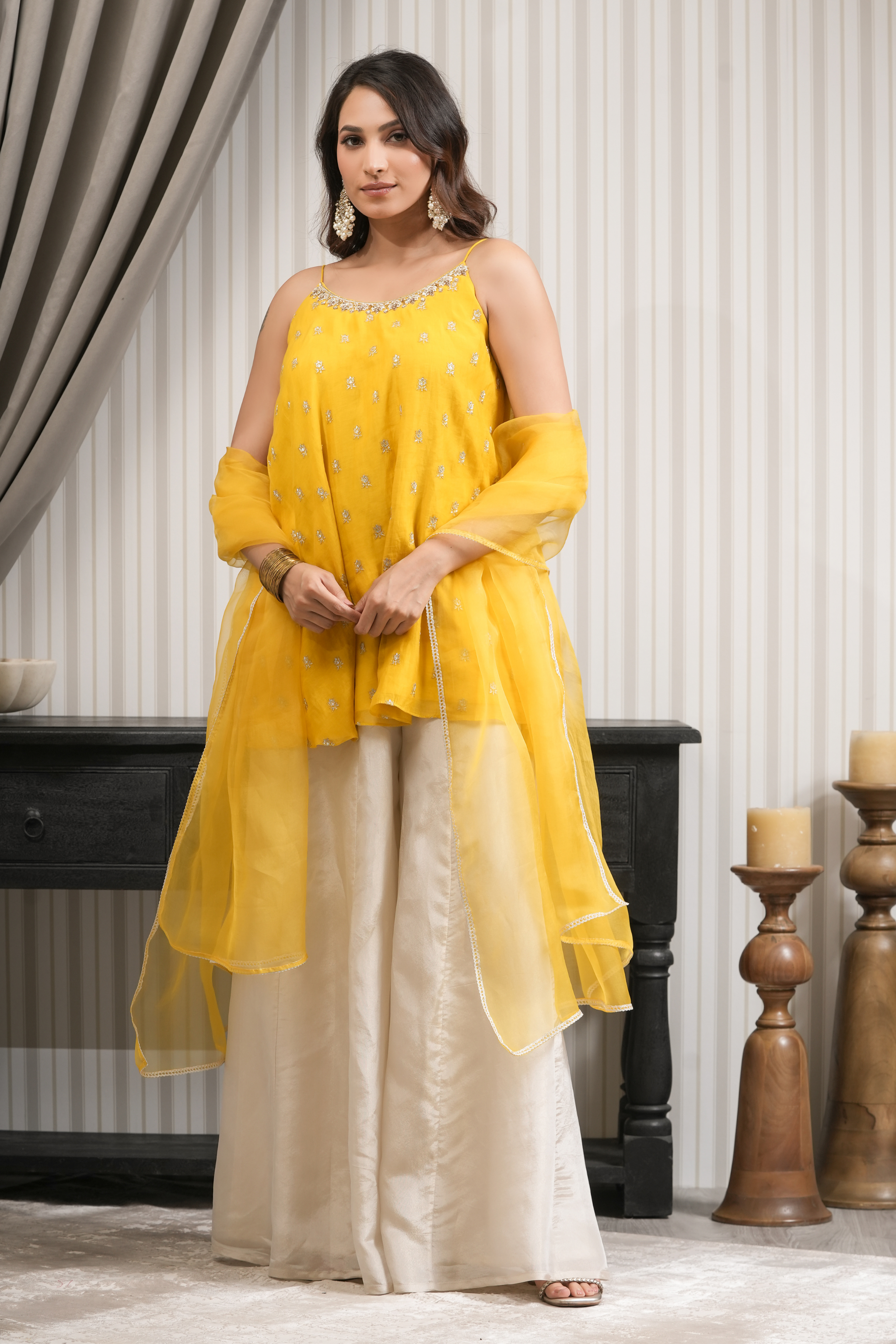 Pure Chanderi Short Kurti Sharara Set - Yellow