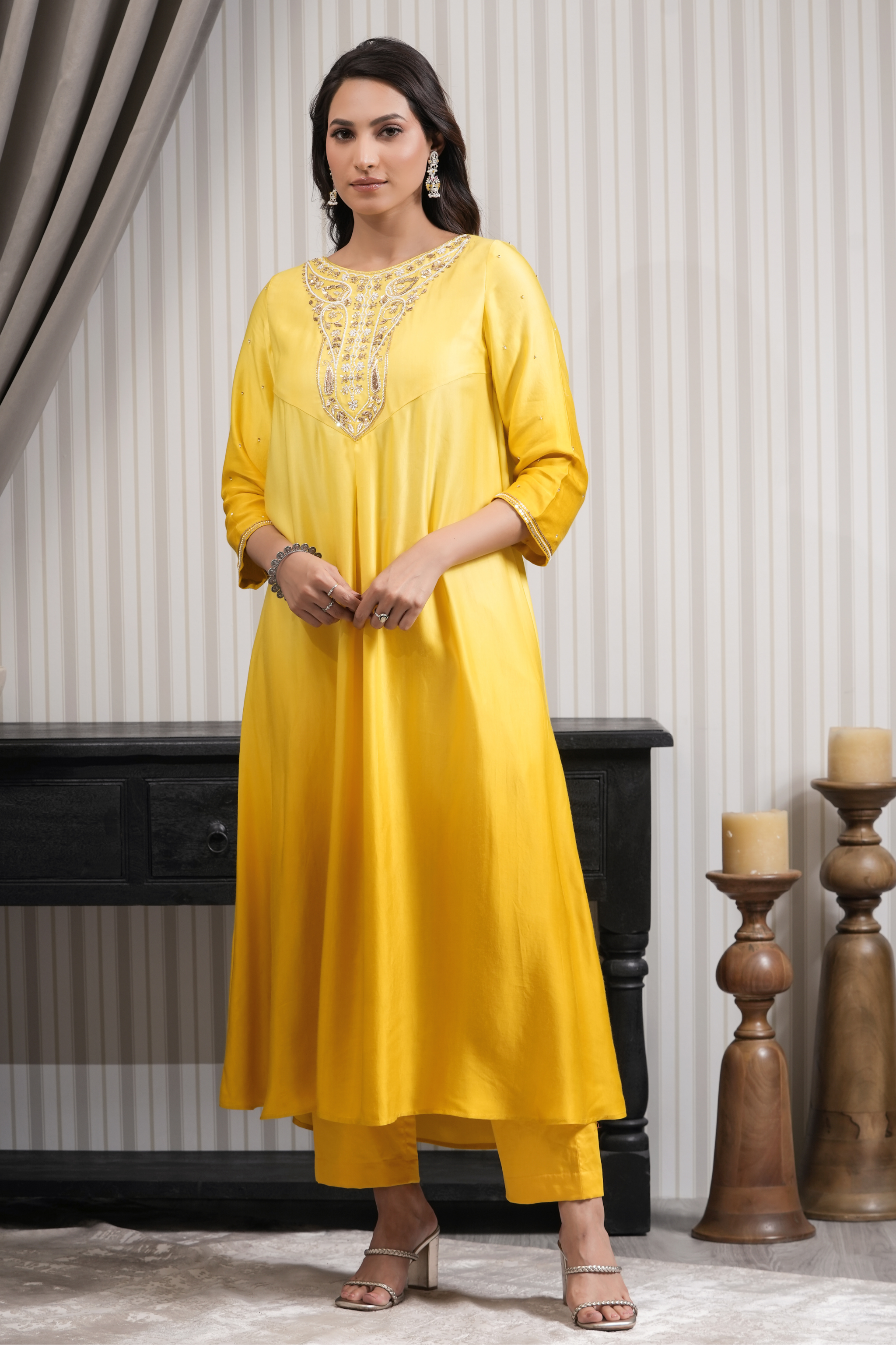 Embroidered Silk A-line Kurta Set - Yellow