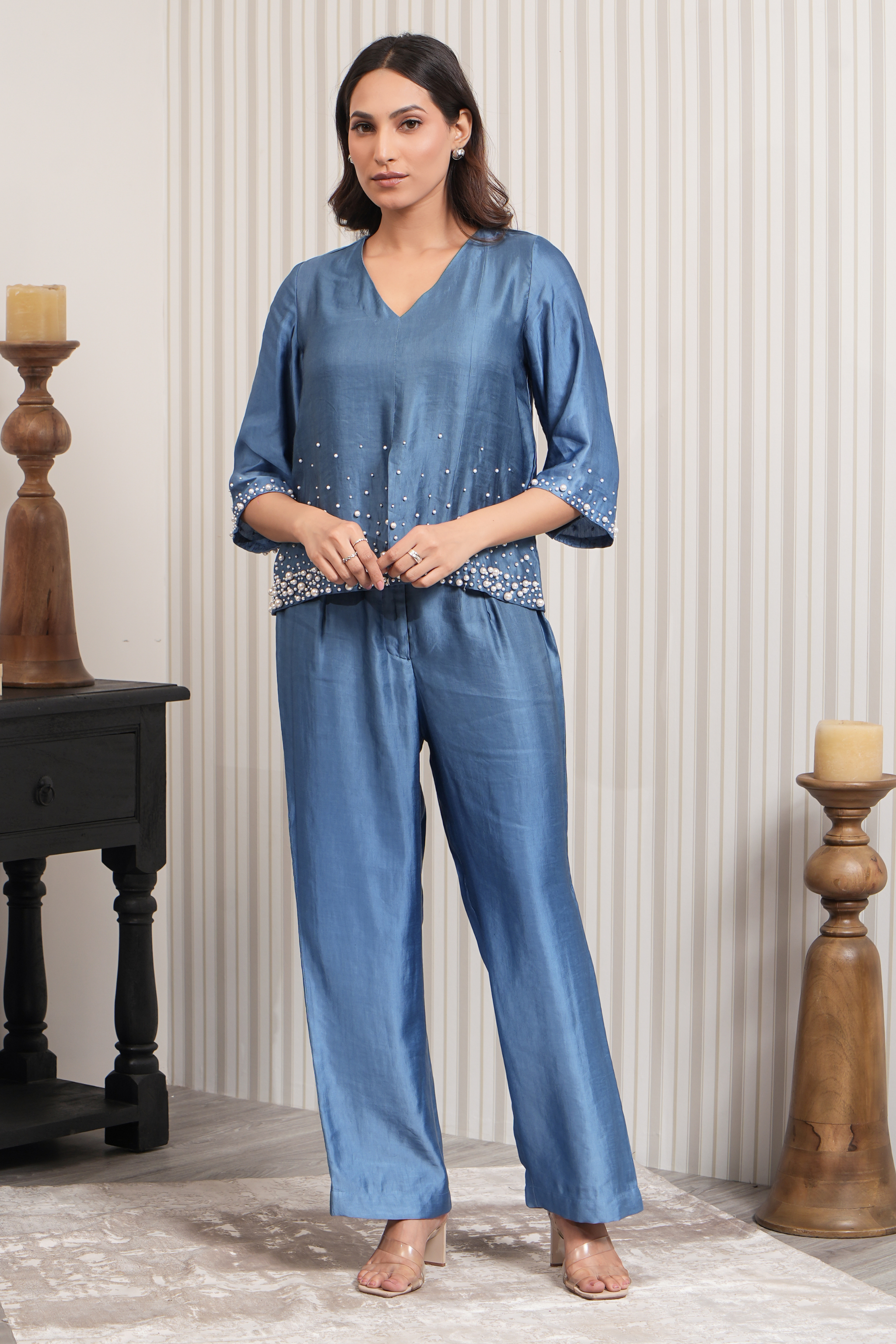 Embroidered Pearl Linen Satin Co-ord Set - Blue