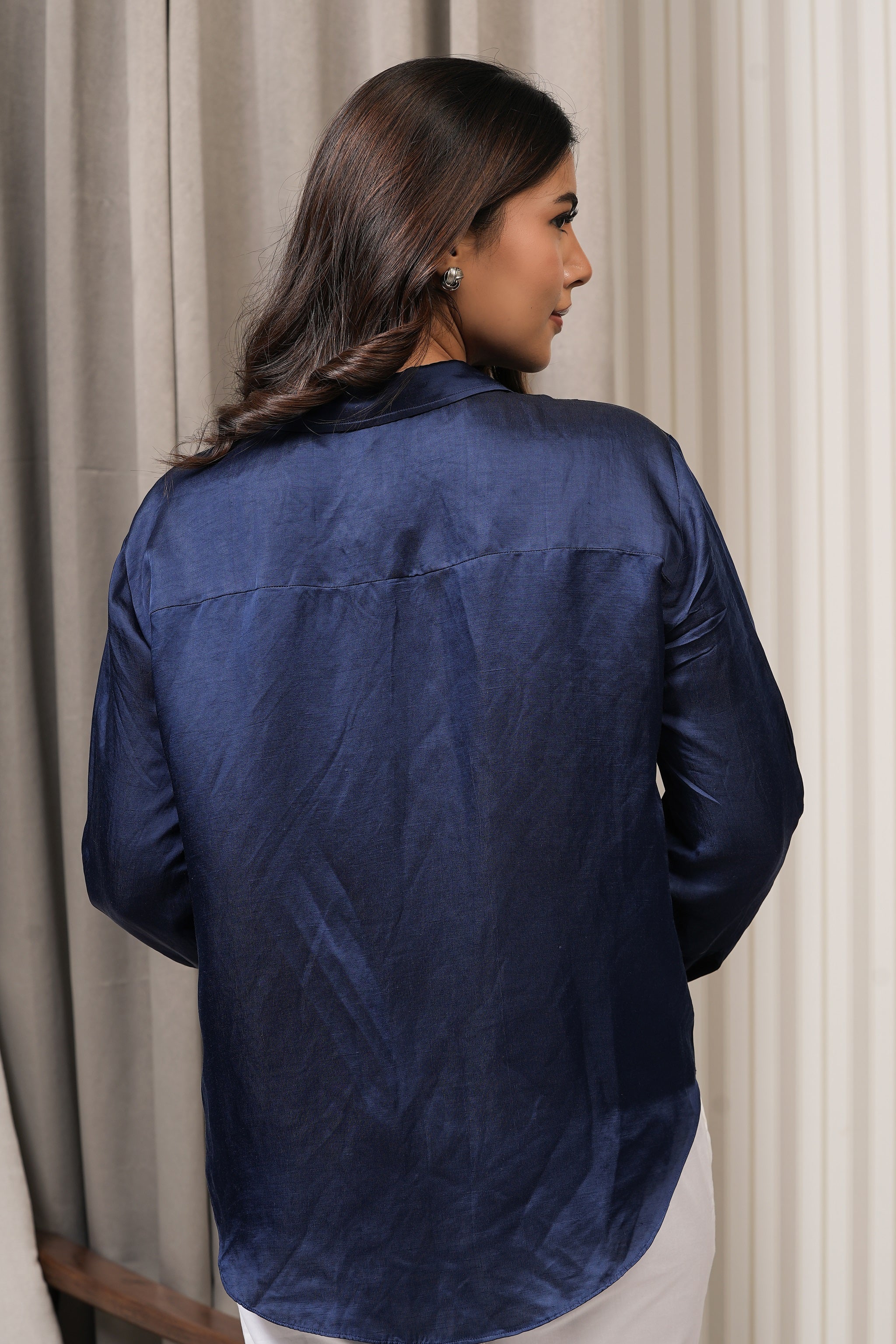 Embroidered Linen Satin Shirt - Blue