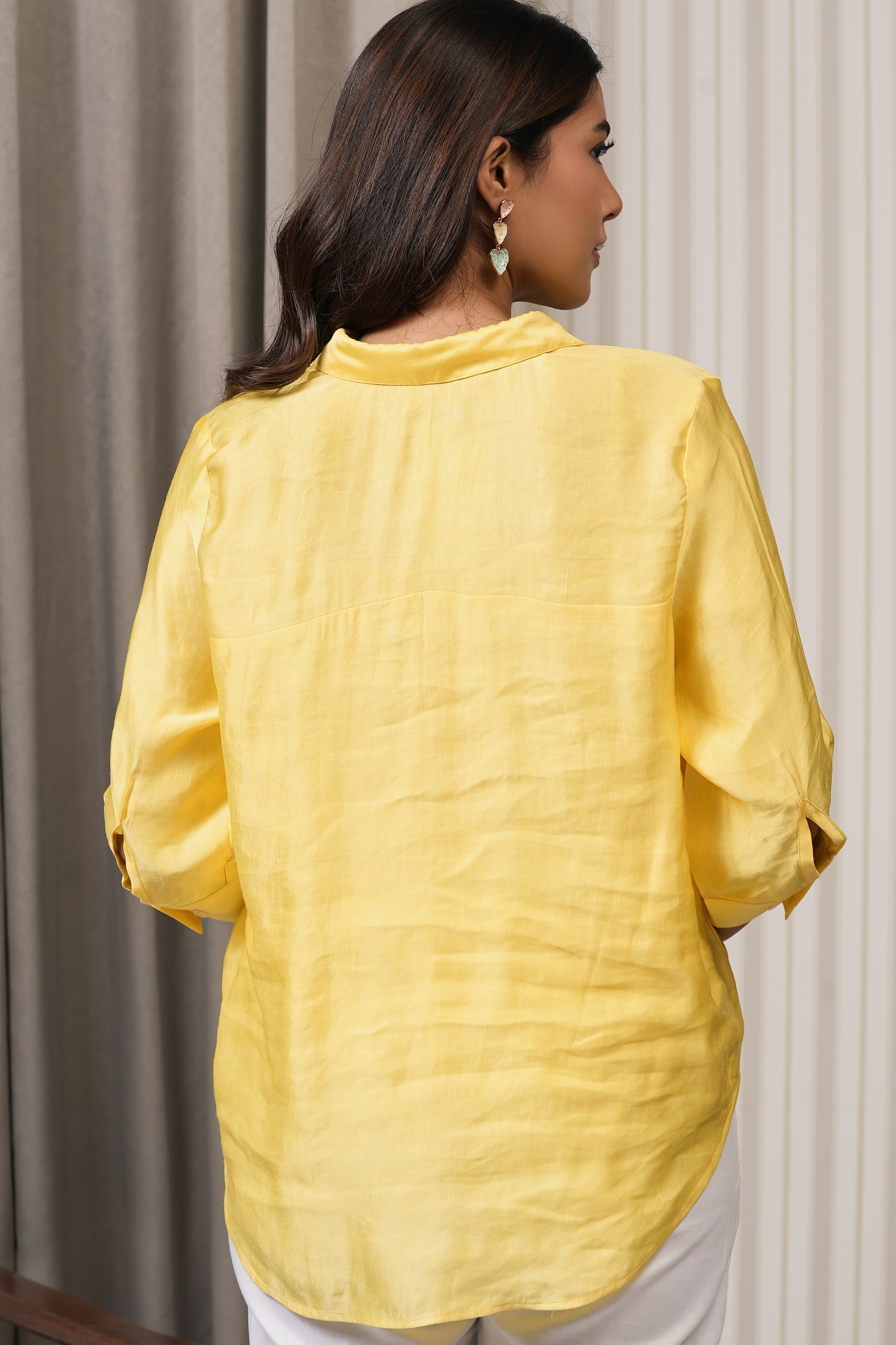 Embroidered Linen Satin Shirt - Yellow