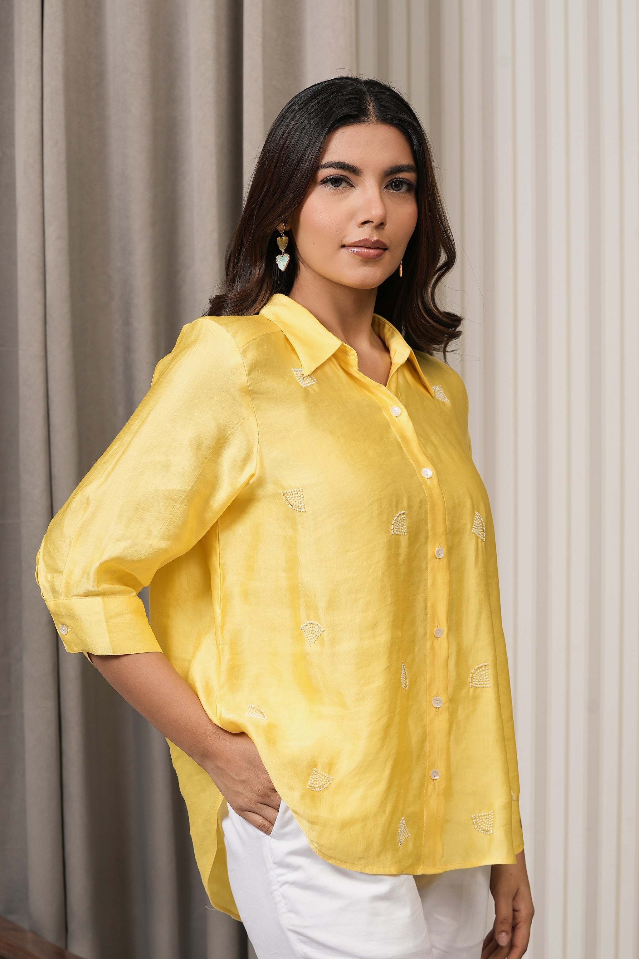 Embroidered Linen Satin Shirt - Yellow