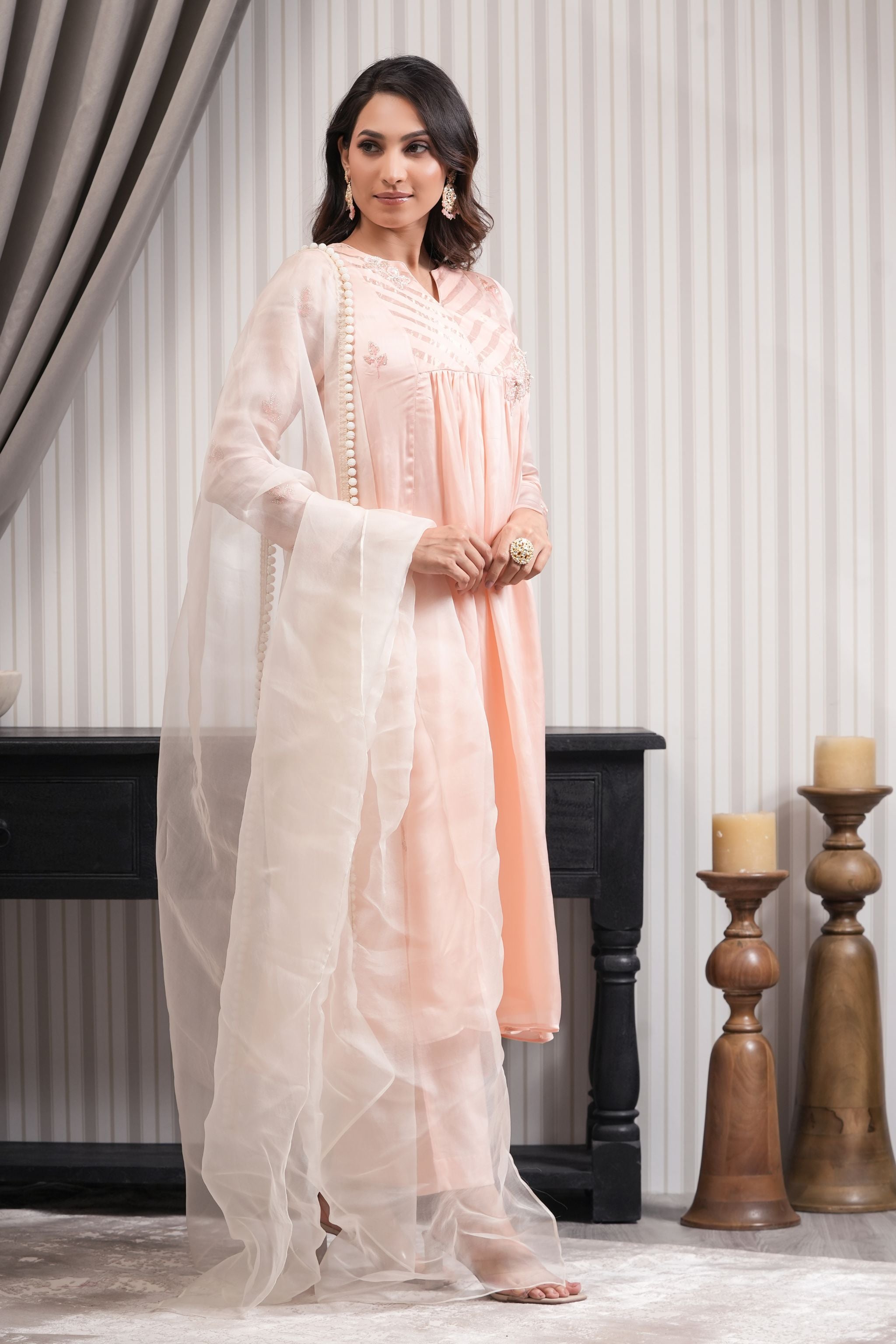 Embroidered Anarkali Suit Set - Peach