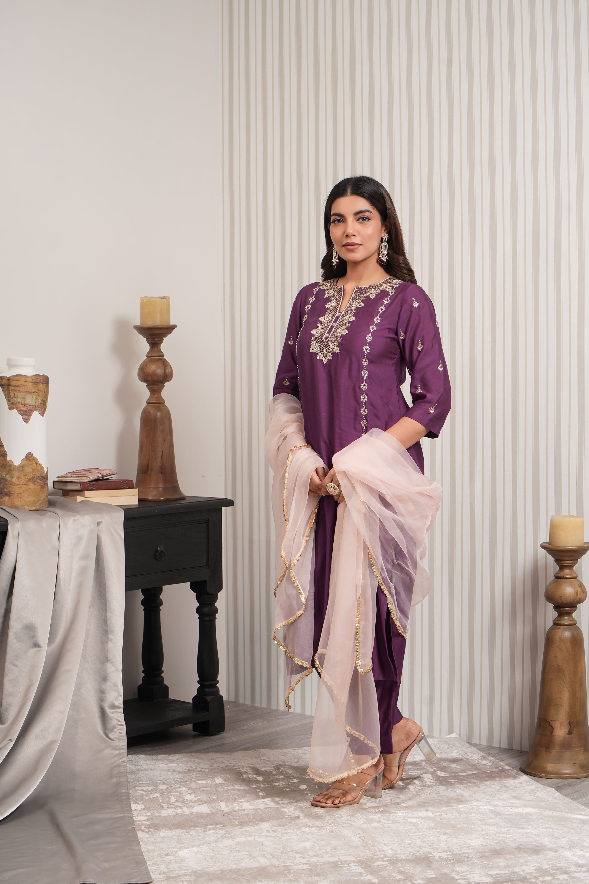 Embroidered Chaniya Silk Straight Suit Set - Purple