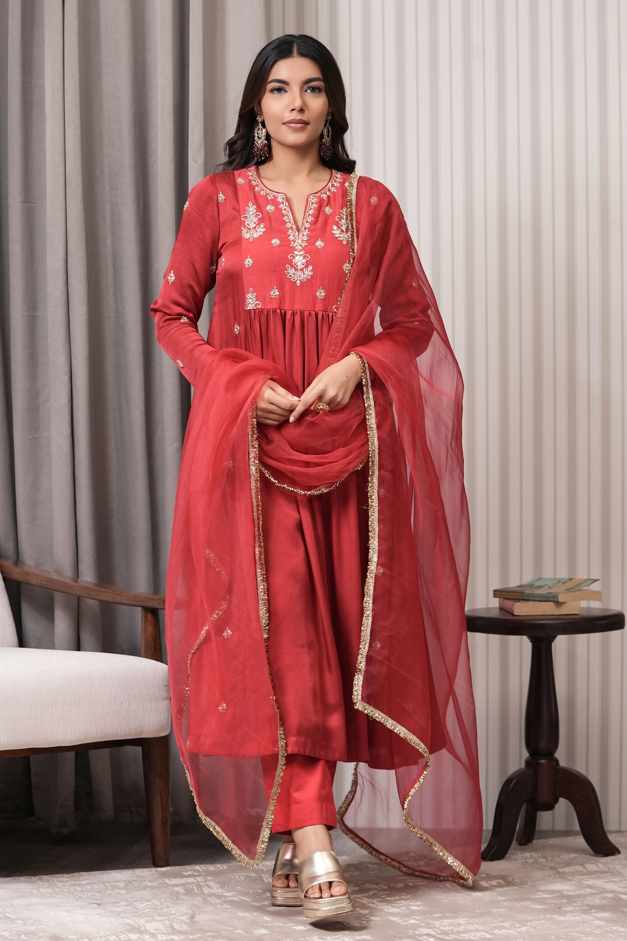 Embroidered Chanderi Anarkali Suit Set - Red