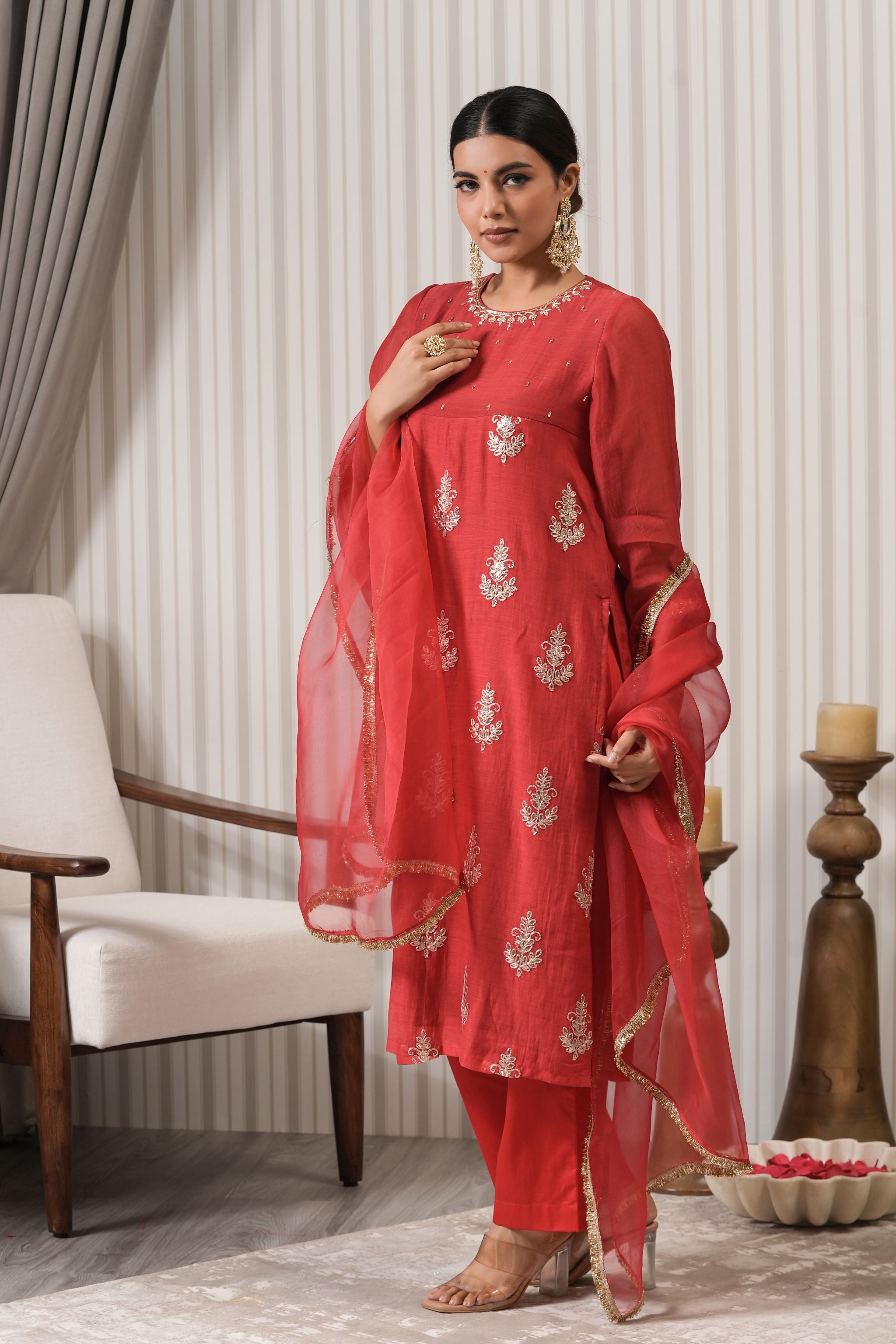 Embroidered Chanderi Suit Set - Red