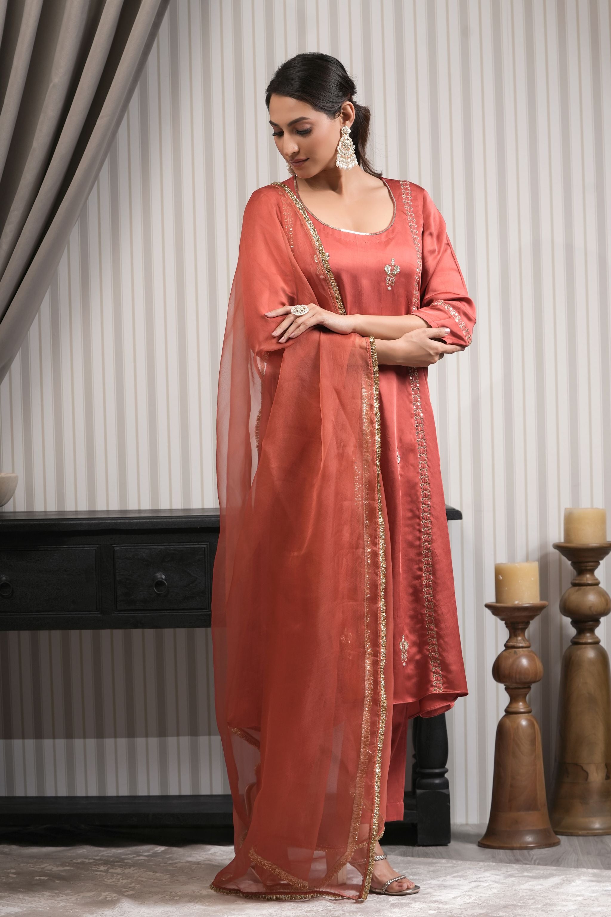 Embroidered Modal Silk A-line Suit Set - Rust