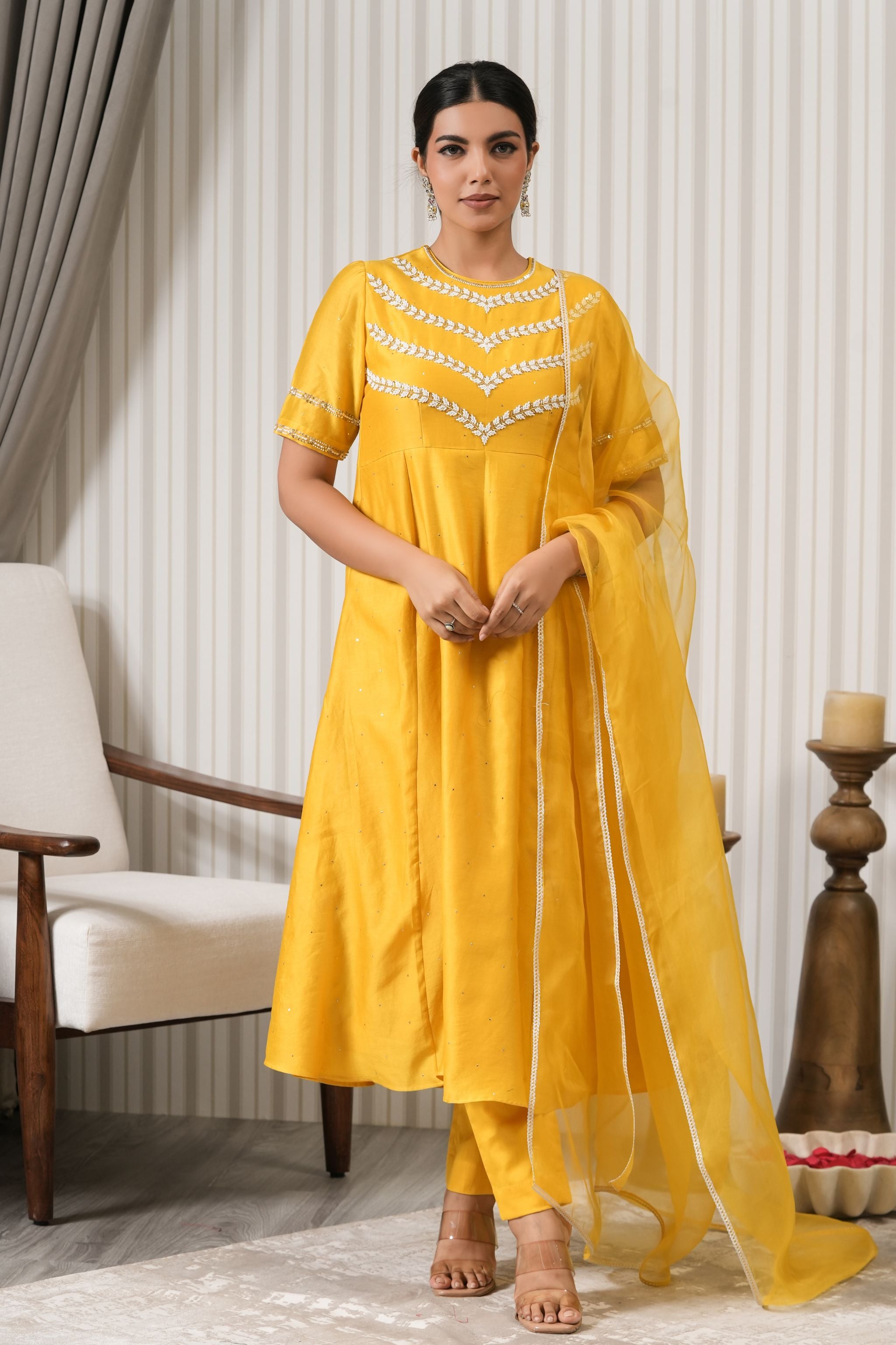 Embroidered Pure Mukaish Chanderi A-line Suit Set - Yellow