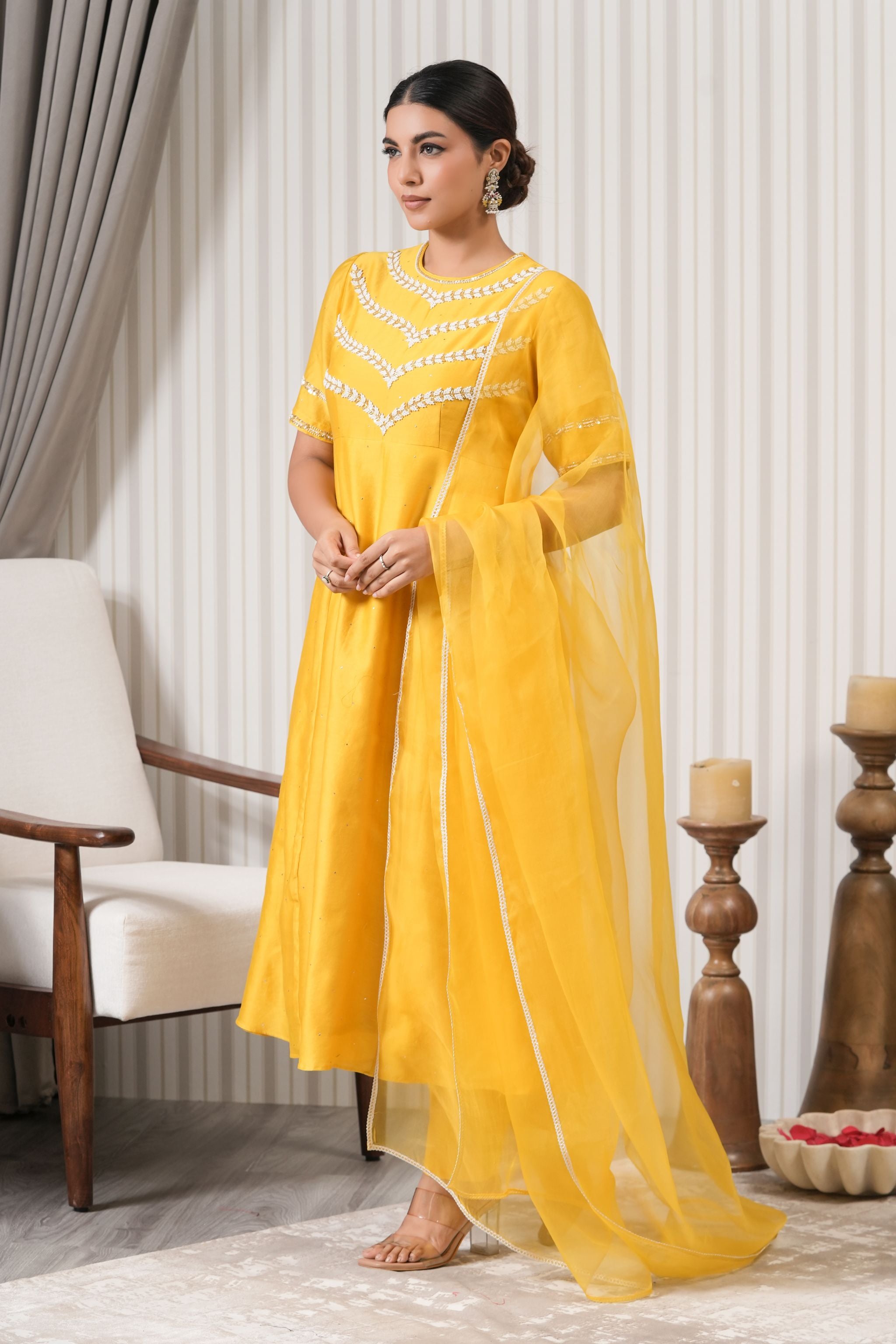 Embroidered Pure Mukaish Chanderi A-line Suit Set - Yellow