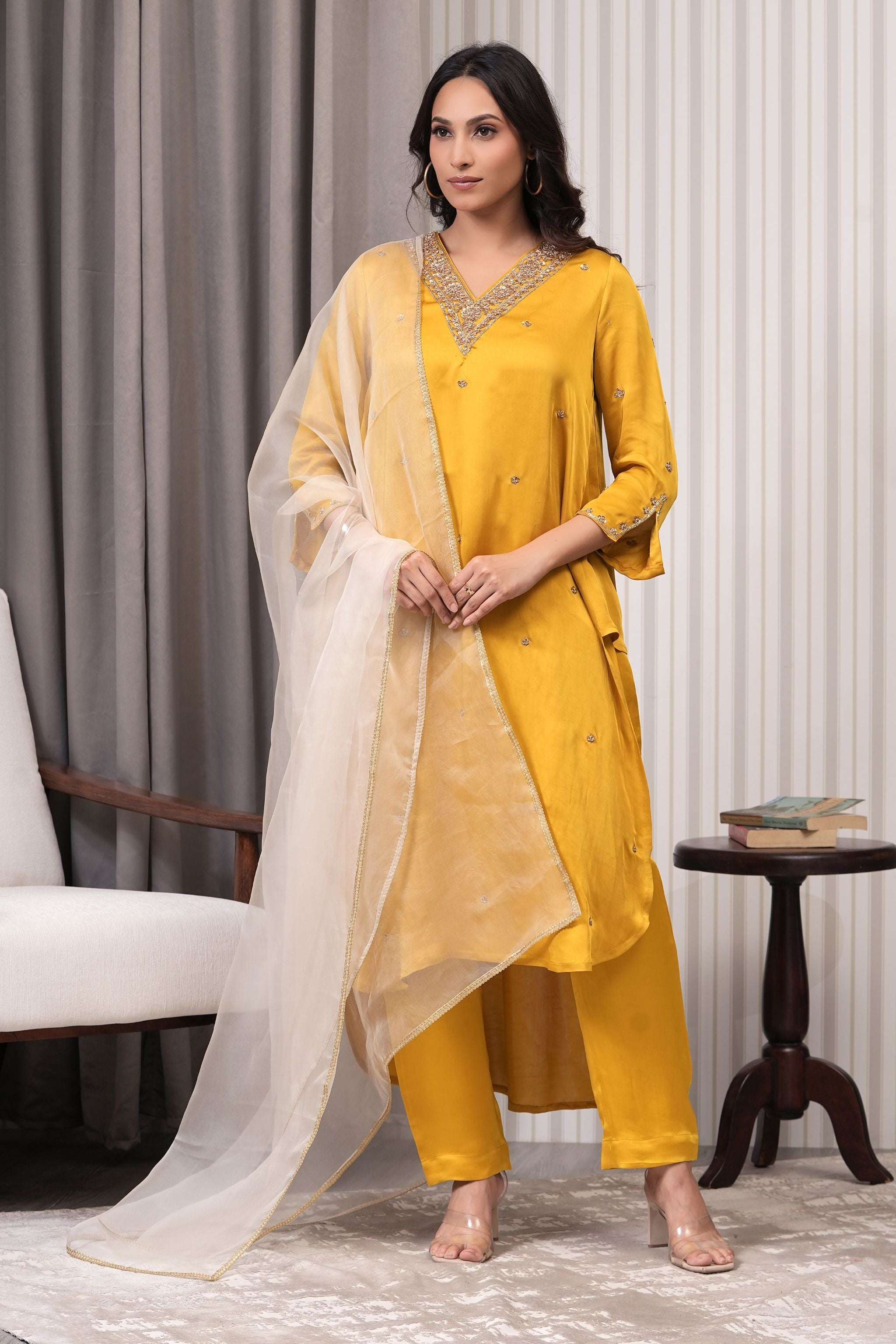 Silk A-line Suit Set - Yellow