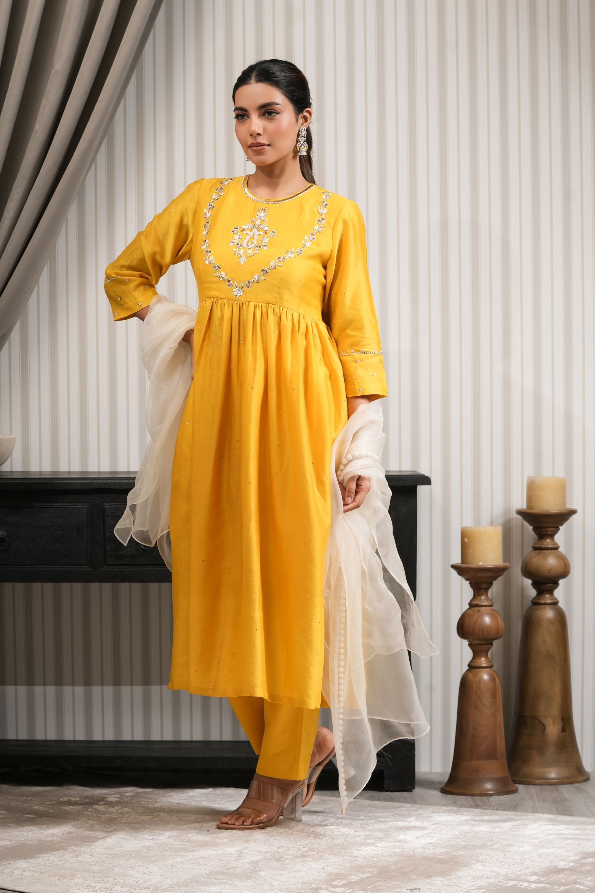 Embroidered Pure Chanderi High Slit Suit Set - Yellow