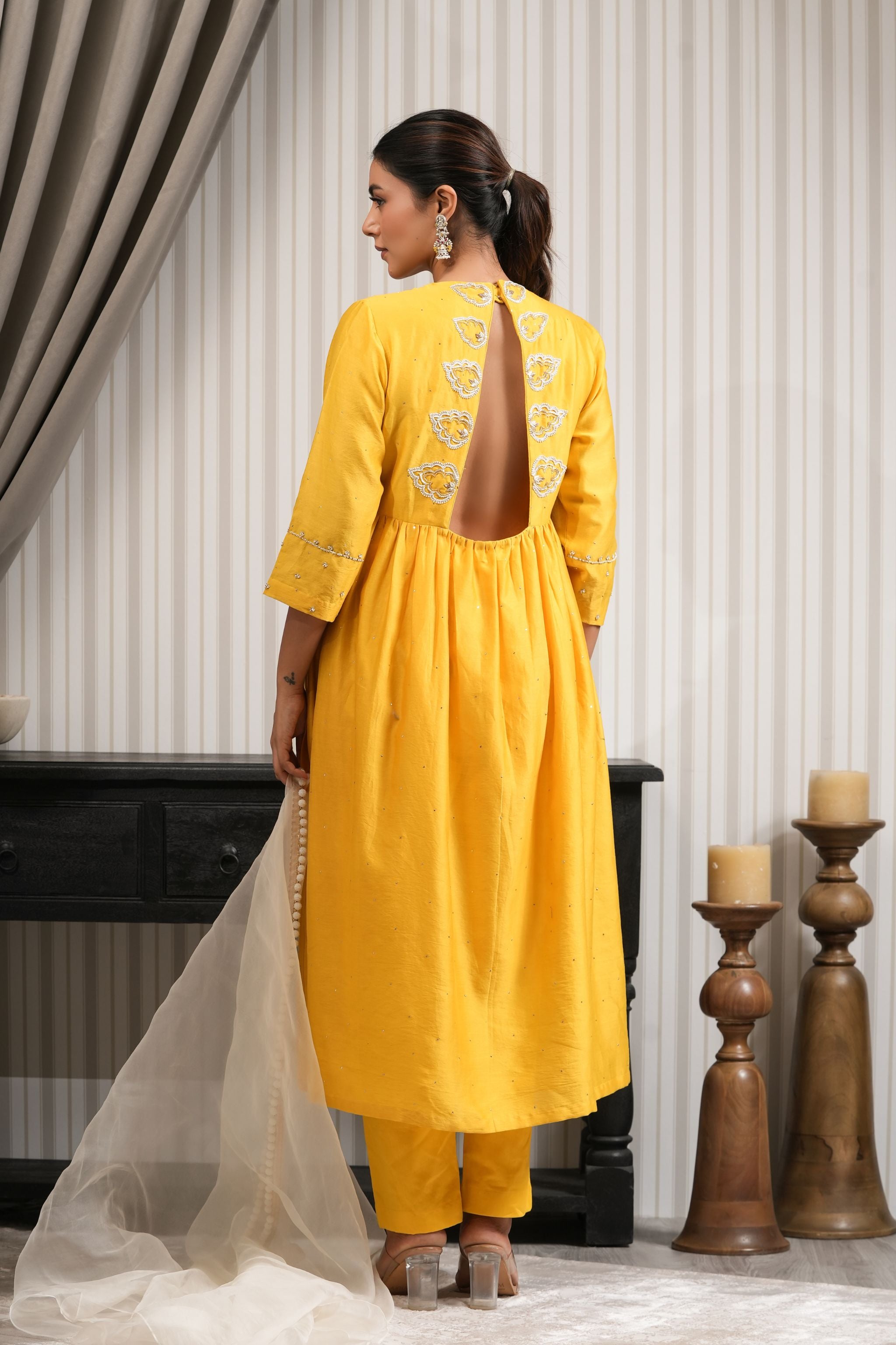 Embroidered Pure Chanderi High Slit Suit Set - Yellow