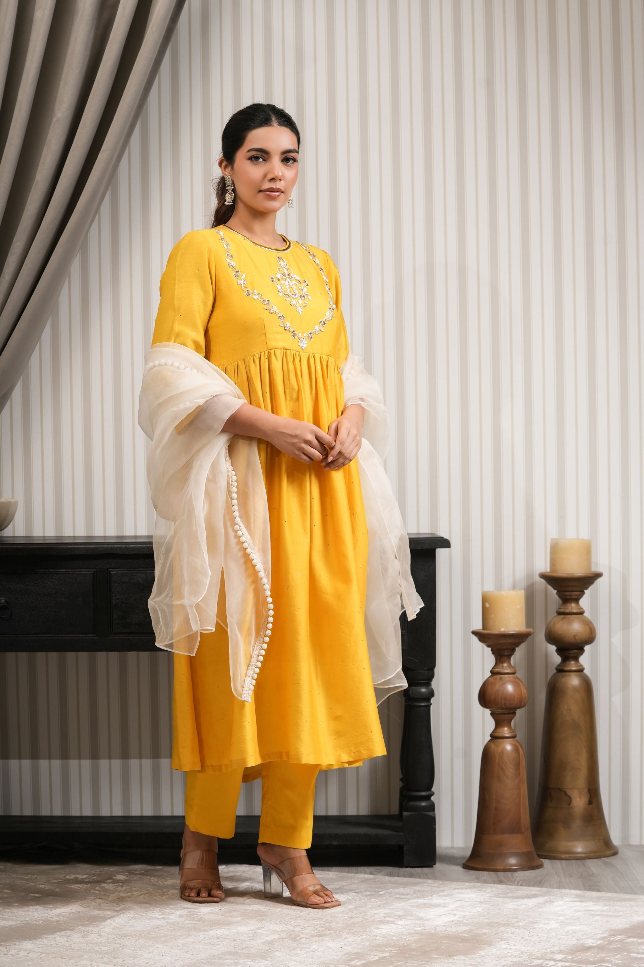 Embroidered Pure Chanderi High Slit Suit Set - Yellow