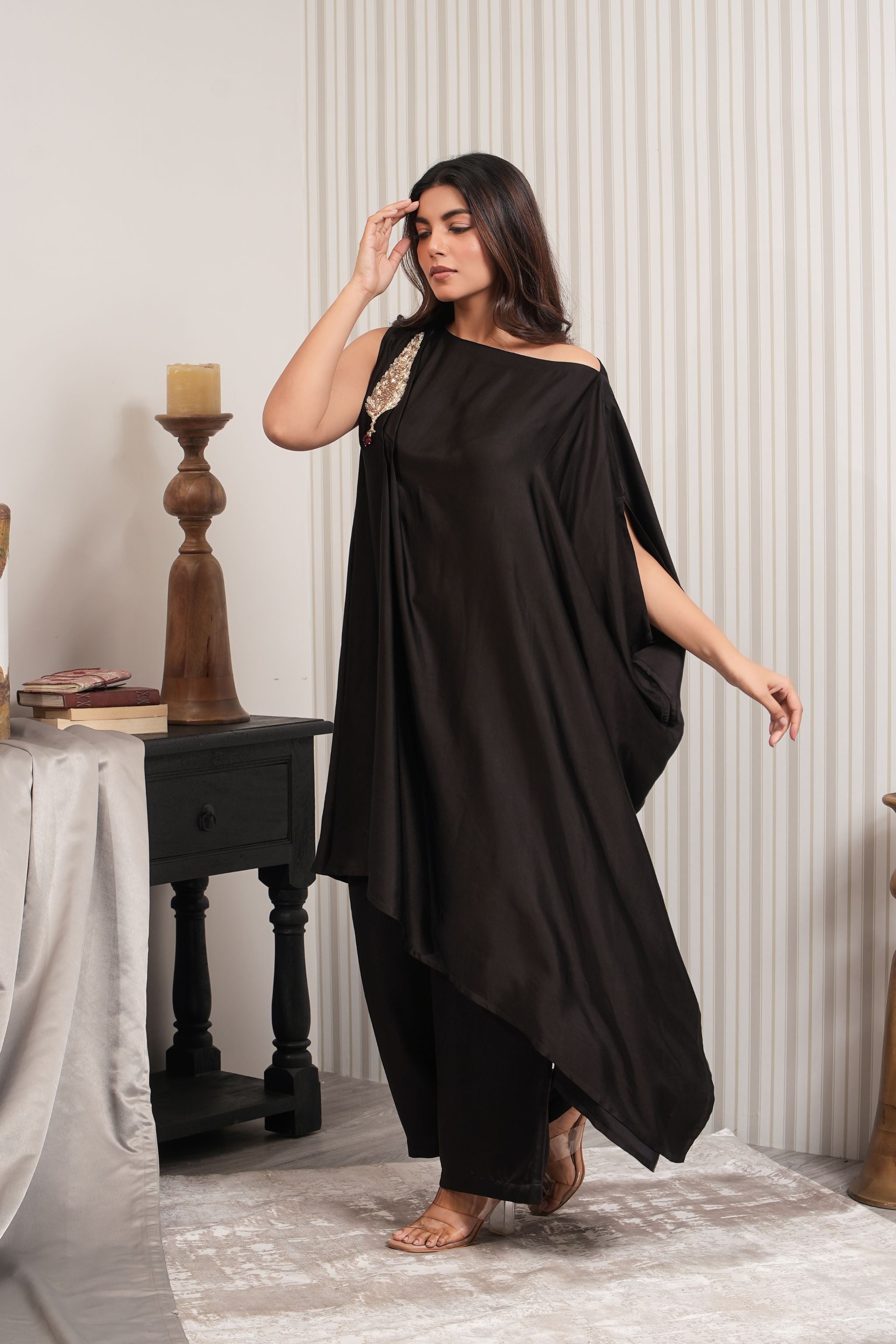 One Shoulder Slit Cut Kurta Set - Black