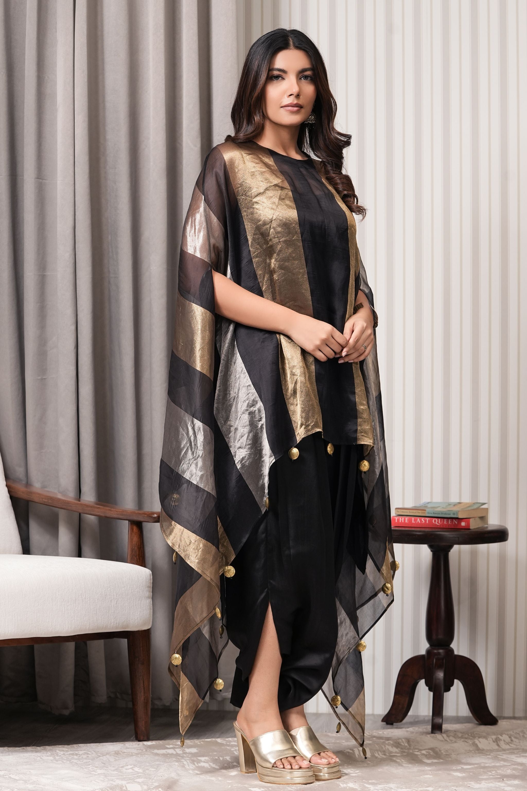 Pure Silk Tissue Kurta Set with Golden Tassels- Black Copper