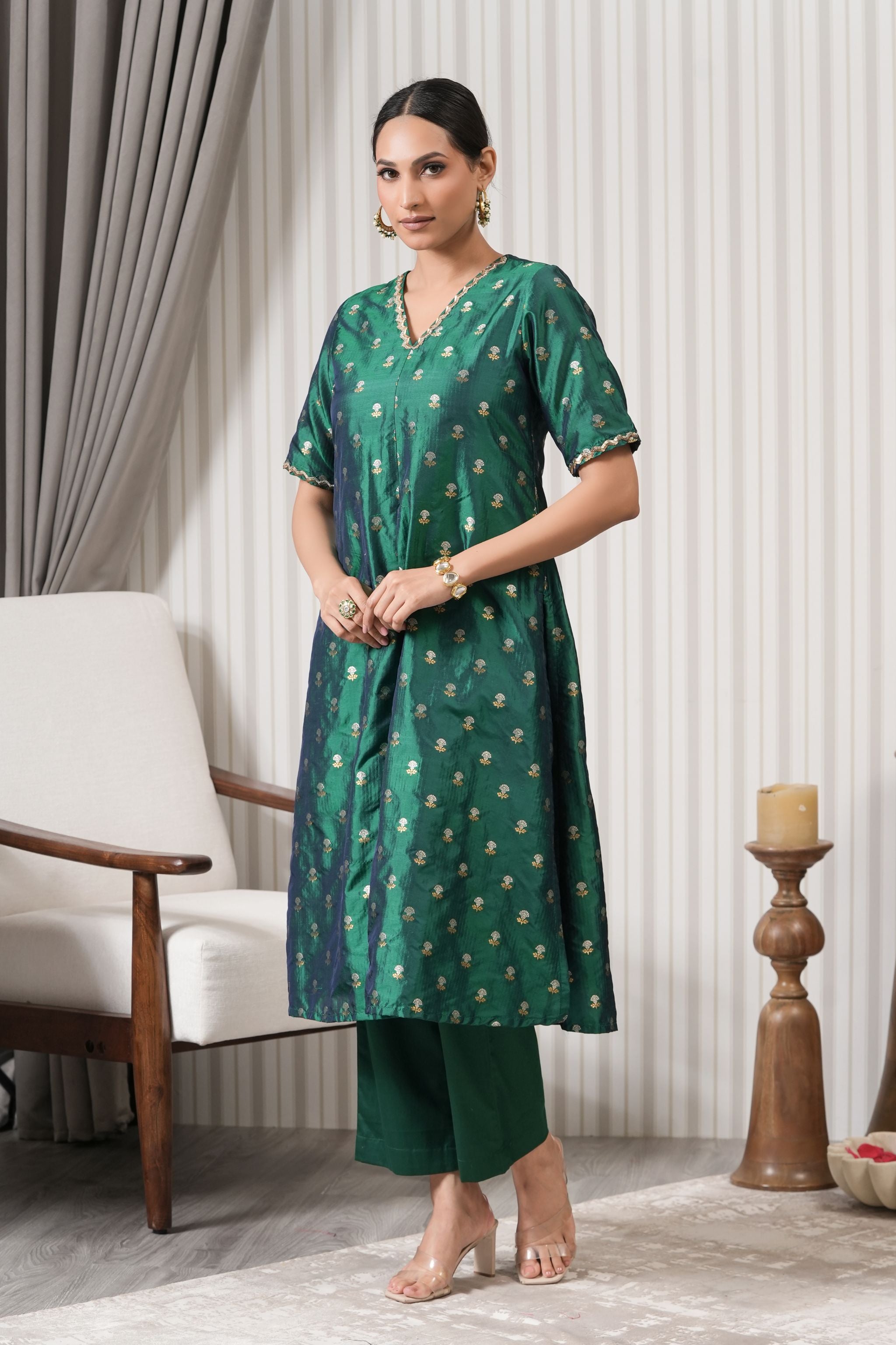 Embroidered Pure Brocade Printed A-line Kurta Set - Green