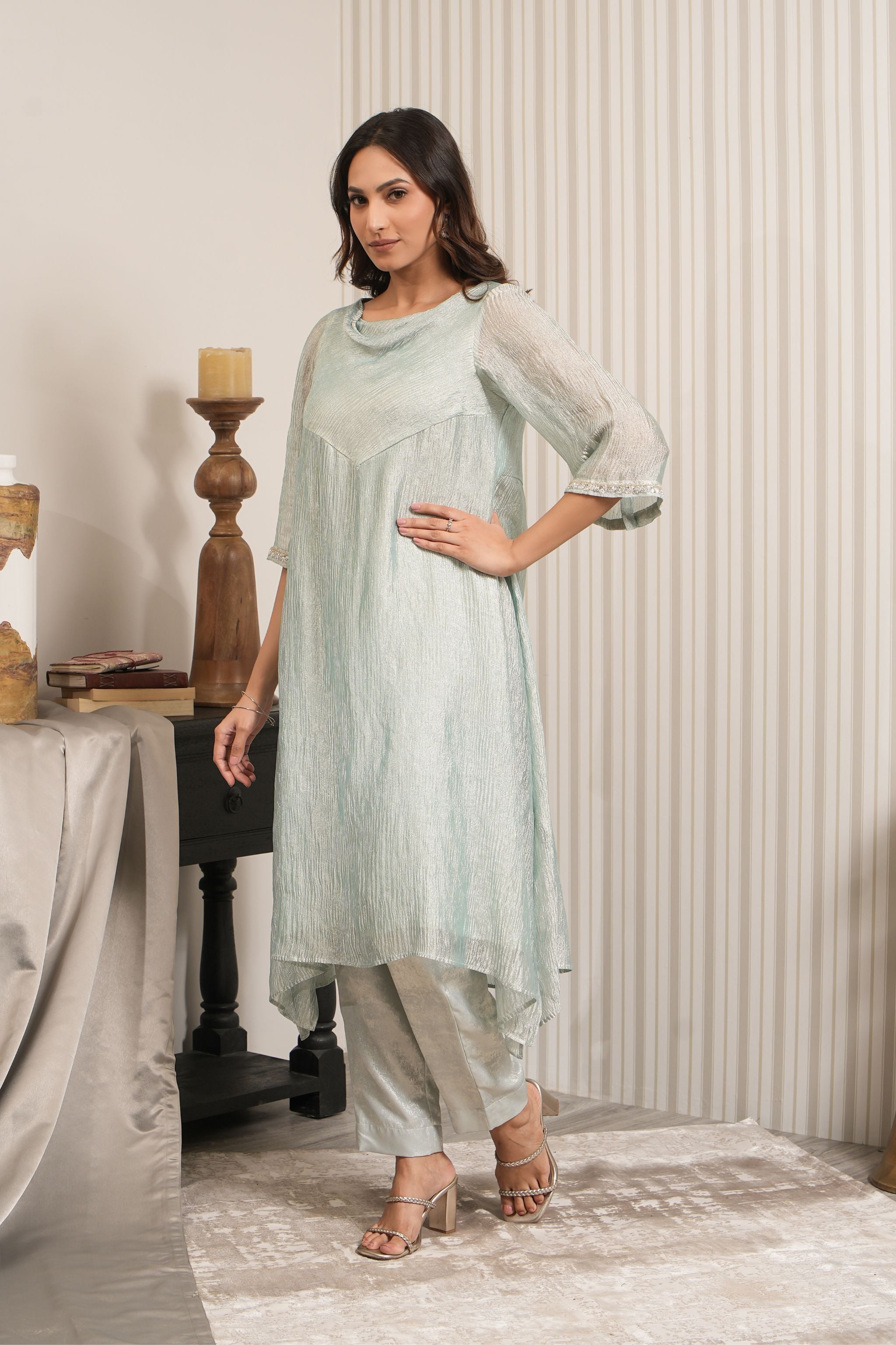 Crushed Tissue Cowl Neck A-line Kurta Set - Mint