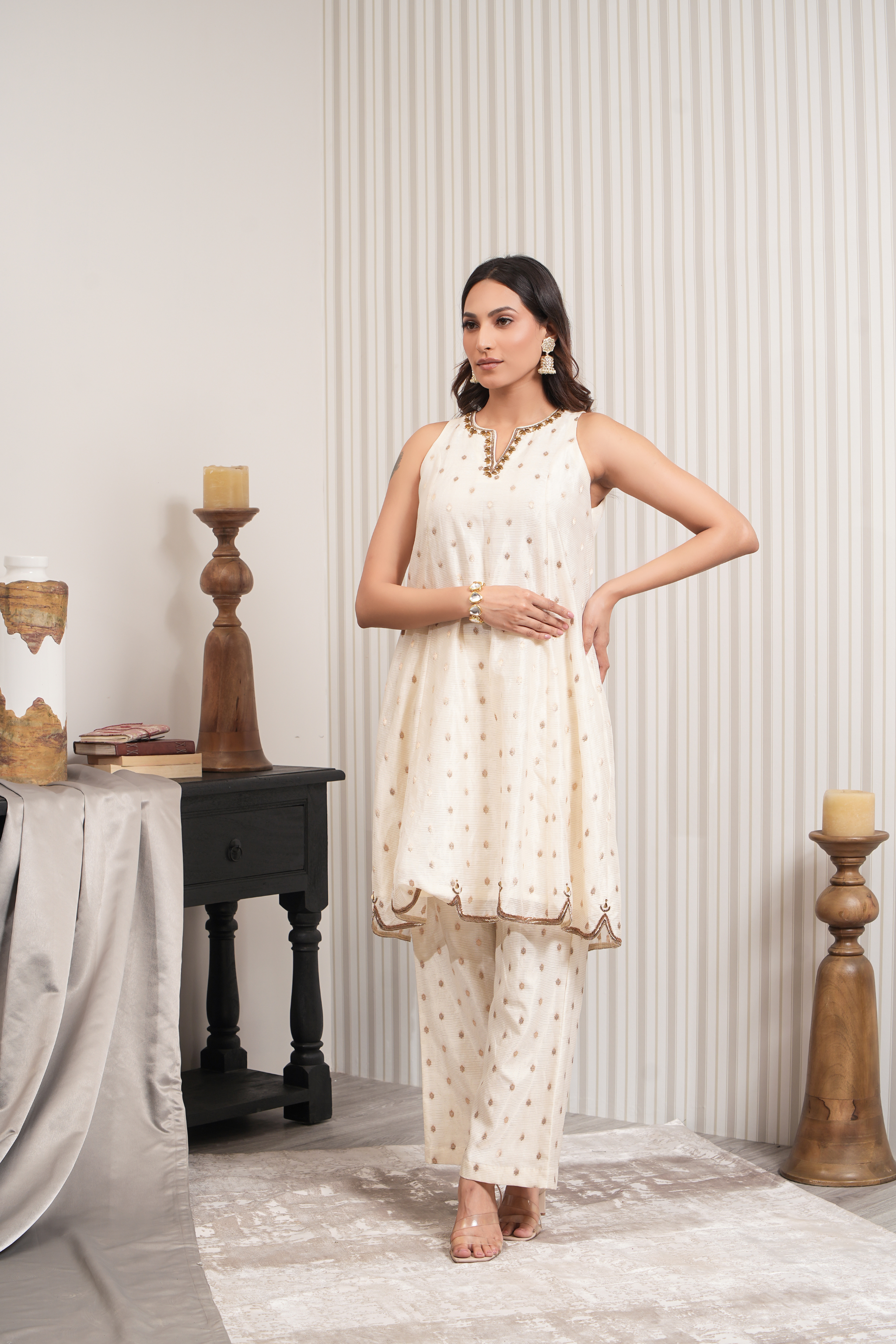 Handcrafted Pure Chanderi Booti A-line Kurta Set - Off White