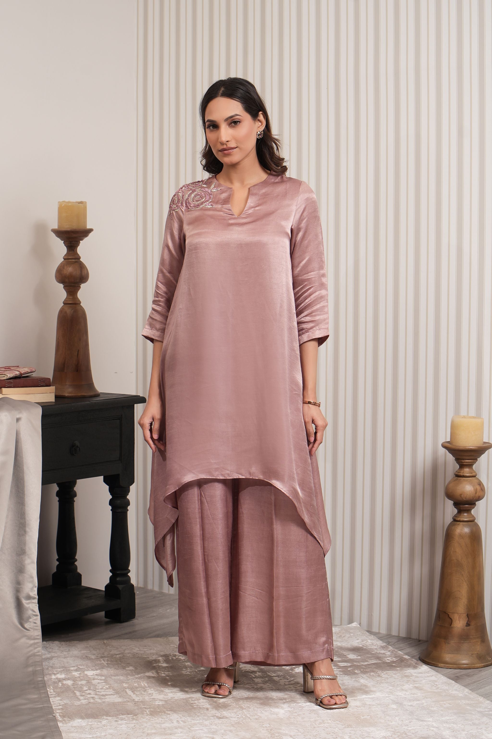 Embroidered Asymmetric Kurta Set - Onion Pink