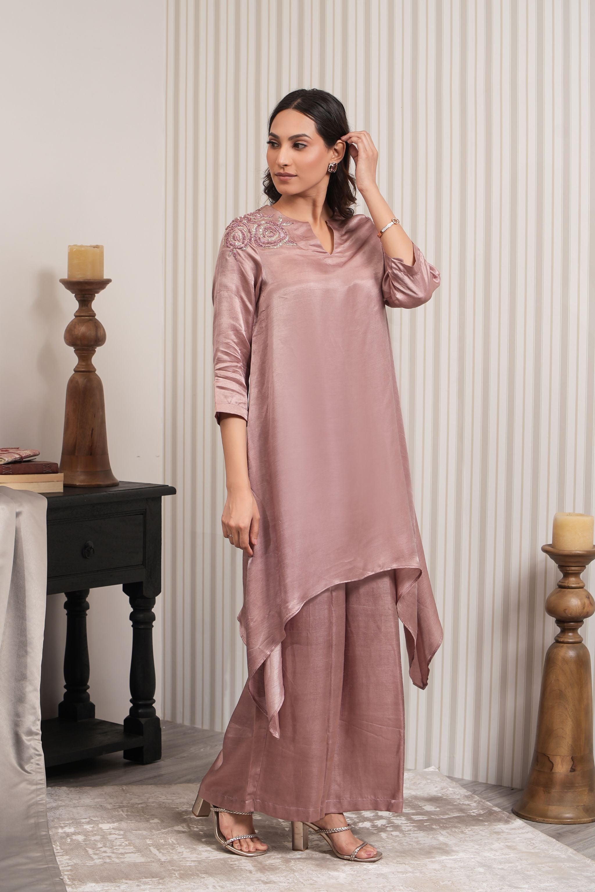 Embroidered Asymmetric Kurta Set - Onion Pink