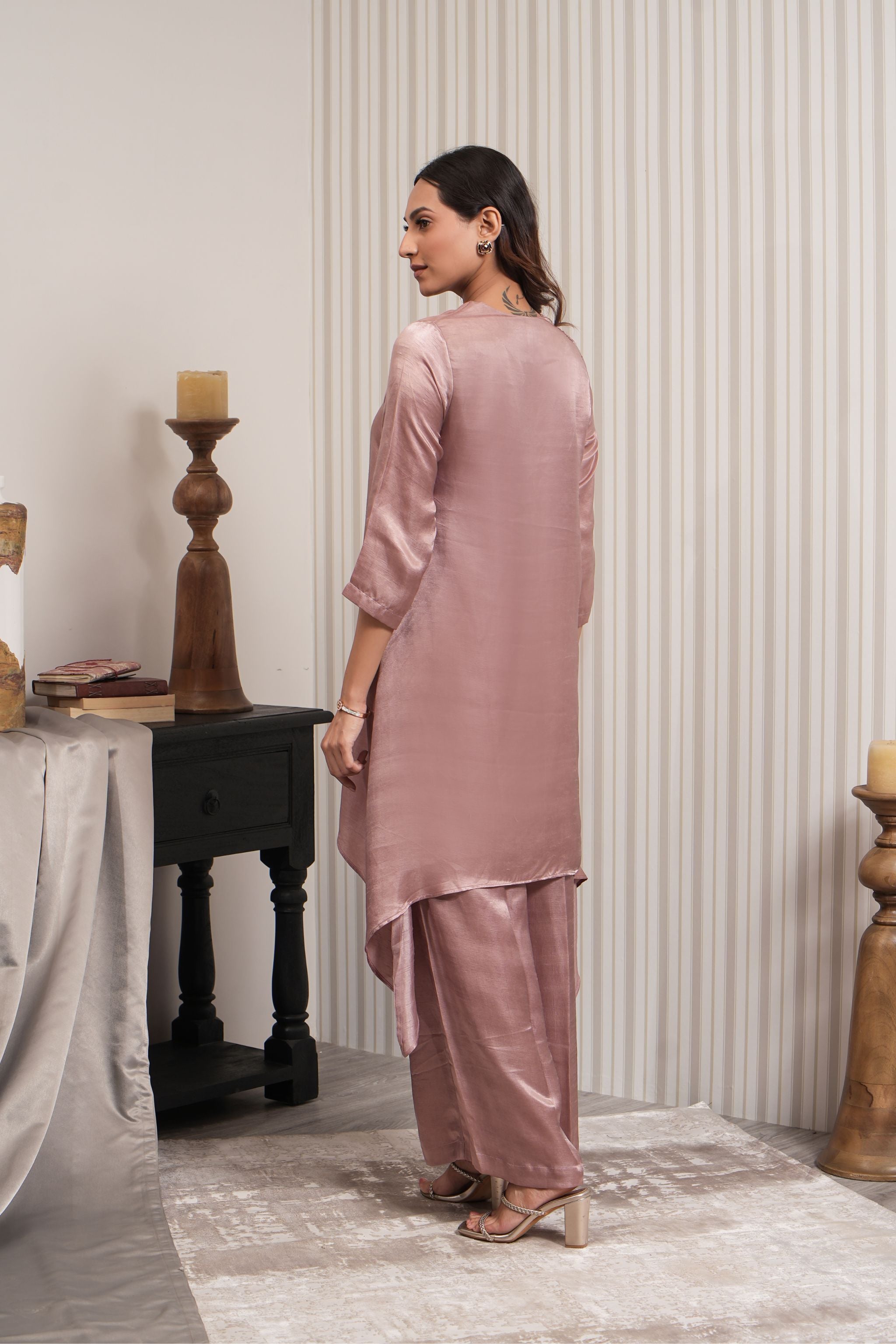 Embroidered Asymmetric Kurta Set - Onion Pink