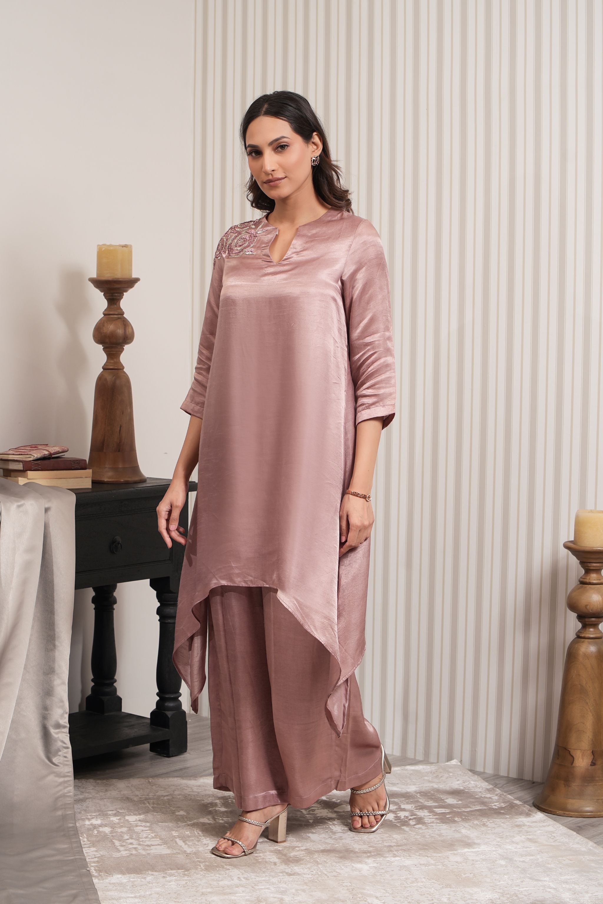 Embroidered Asymmetric Kurta Set - Onion Pink