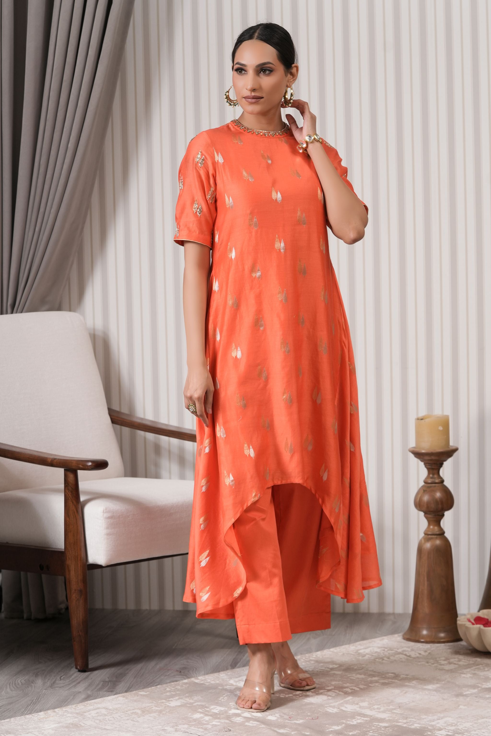 Embroidered Pure Chanderi Floral Booti Asymmetric Kurta Set - Orange