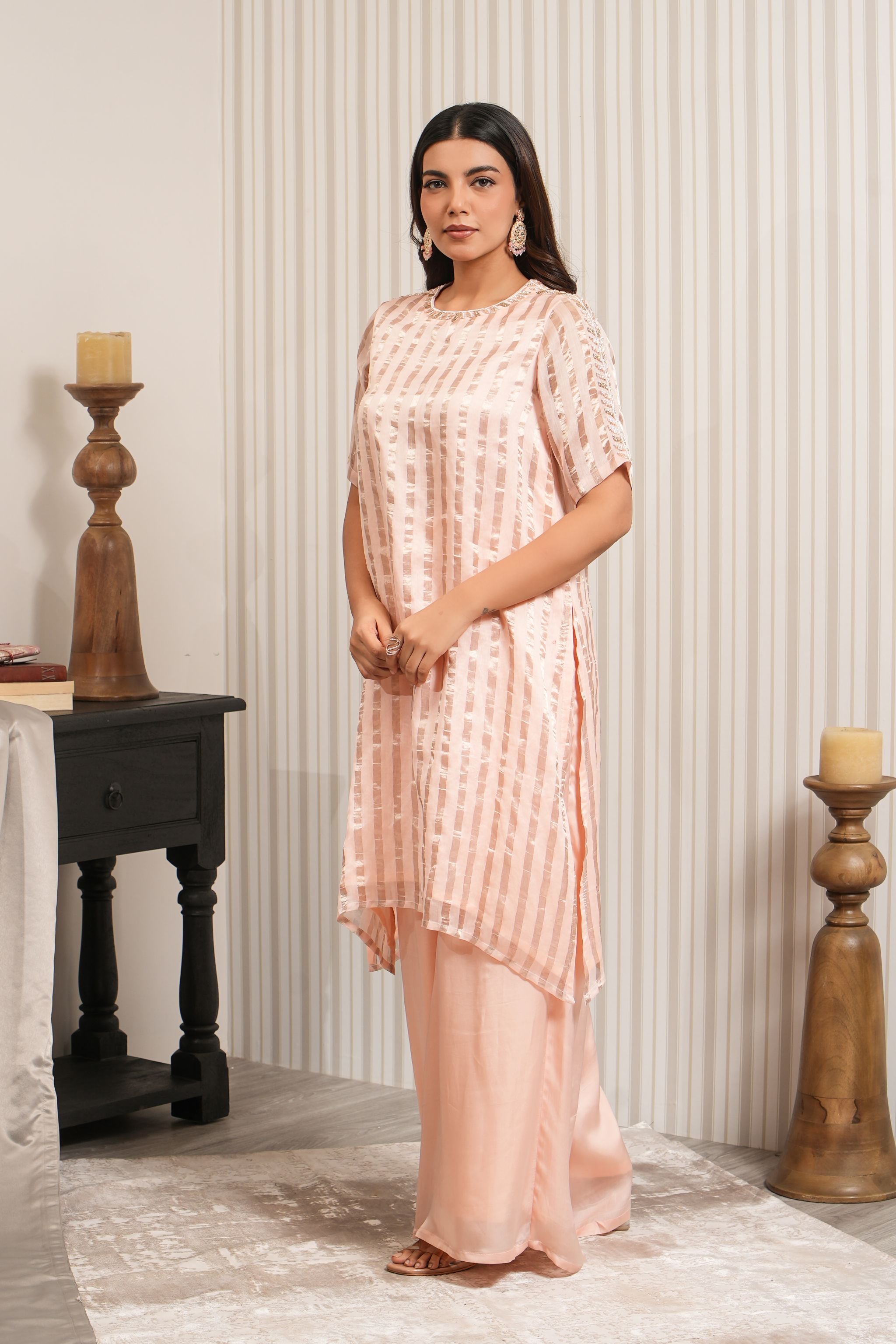 Embroidered Chanderi Silk Sharara Set - Peach