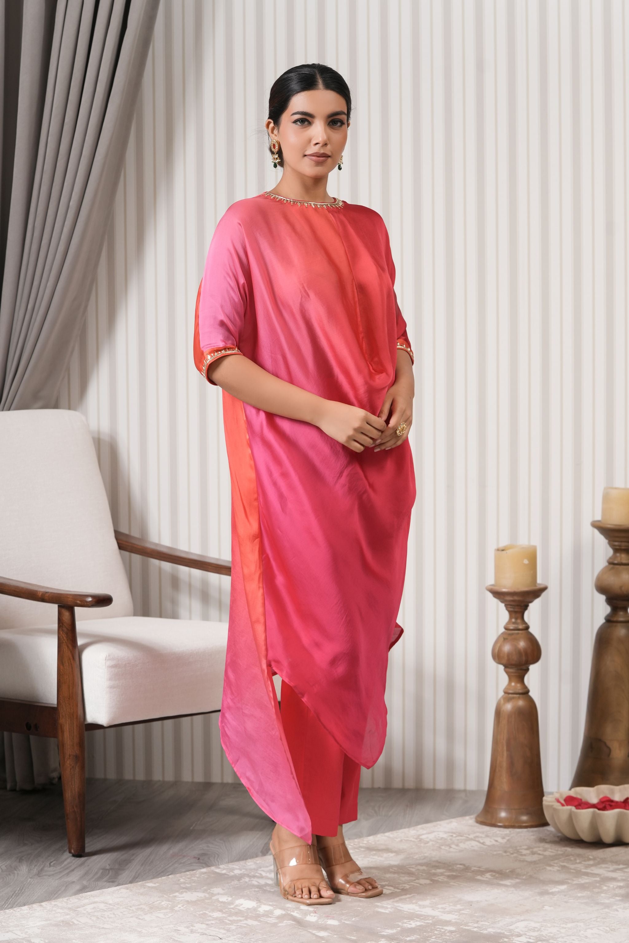 Cowl Neck Embroidered Kurta Set - Pink