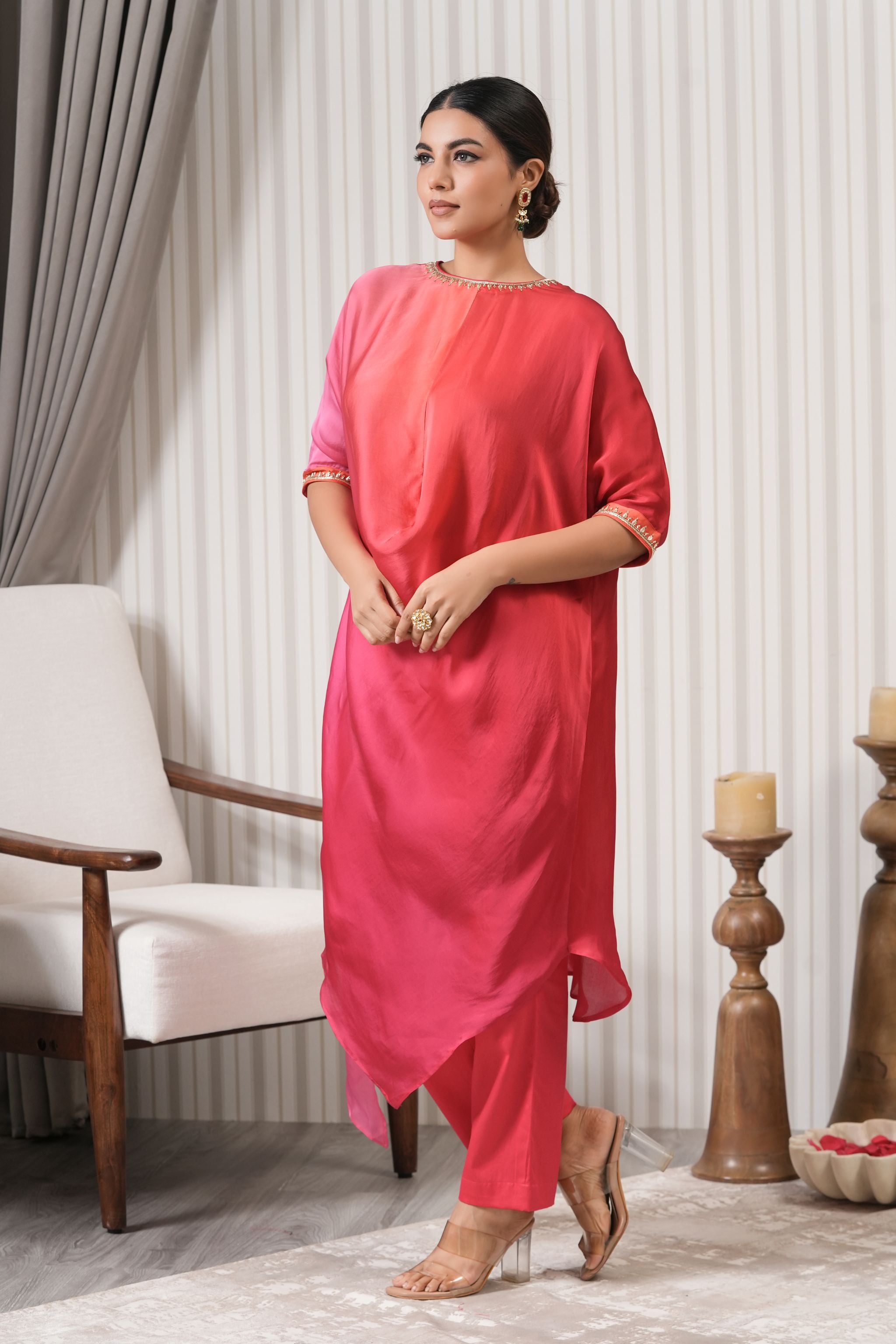 Cowl Neck Embroidered Kurta Set - Pink