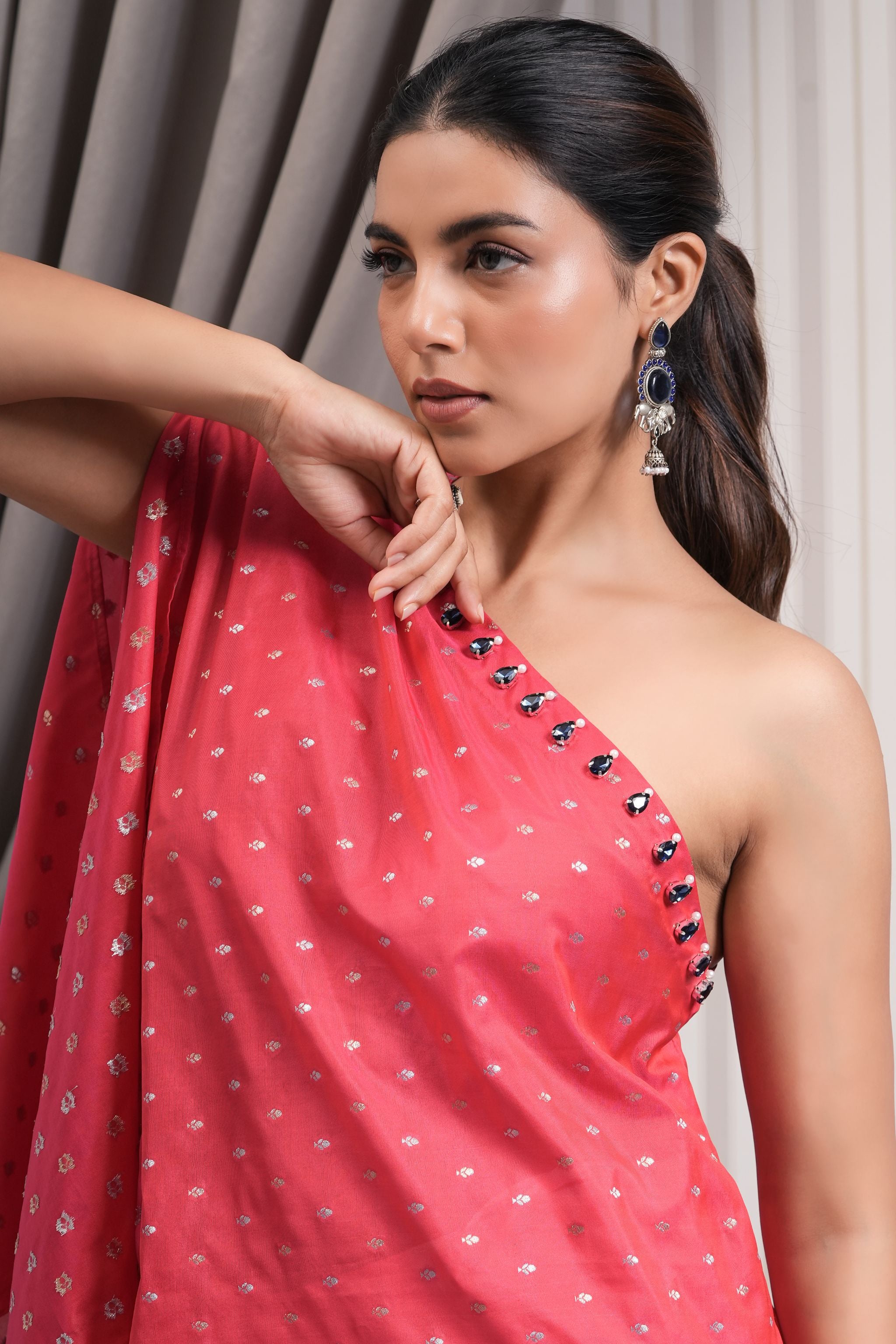 One Shoulder Stone Embroidered Brocade Printed Kurta Set - Pink