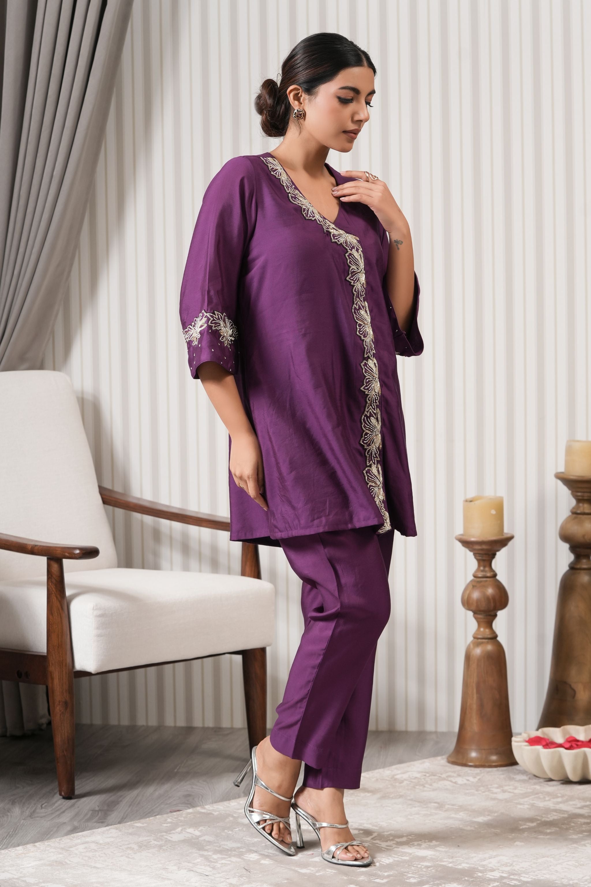 Embroidered Chiniya Silk A-line Kurta Set - Purple