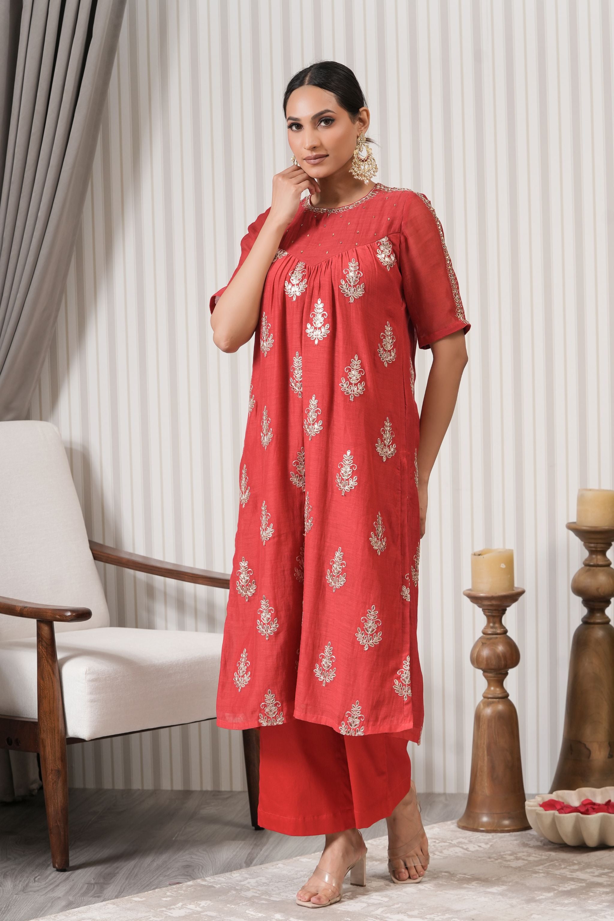 Pure Embroidered Chanderi Straight kurta Set - Red