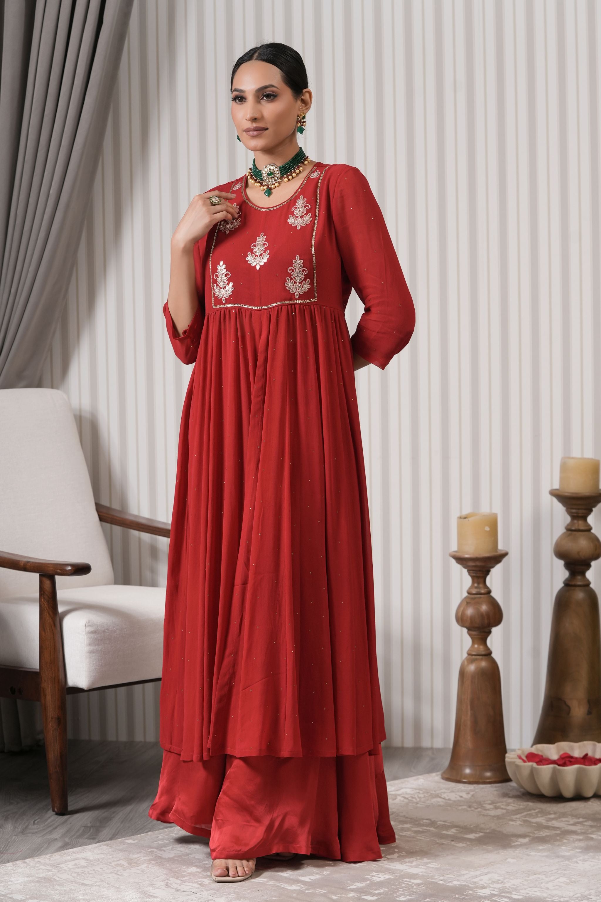 Embroidered Floral Butta Kurta Sharara Set - Red