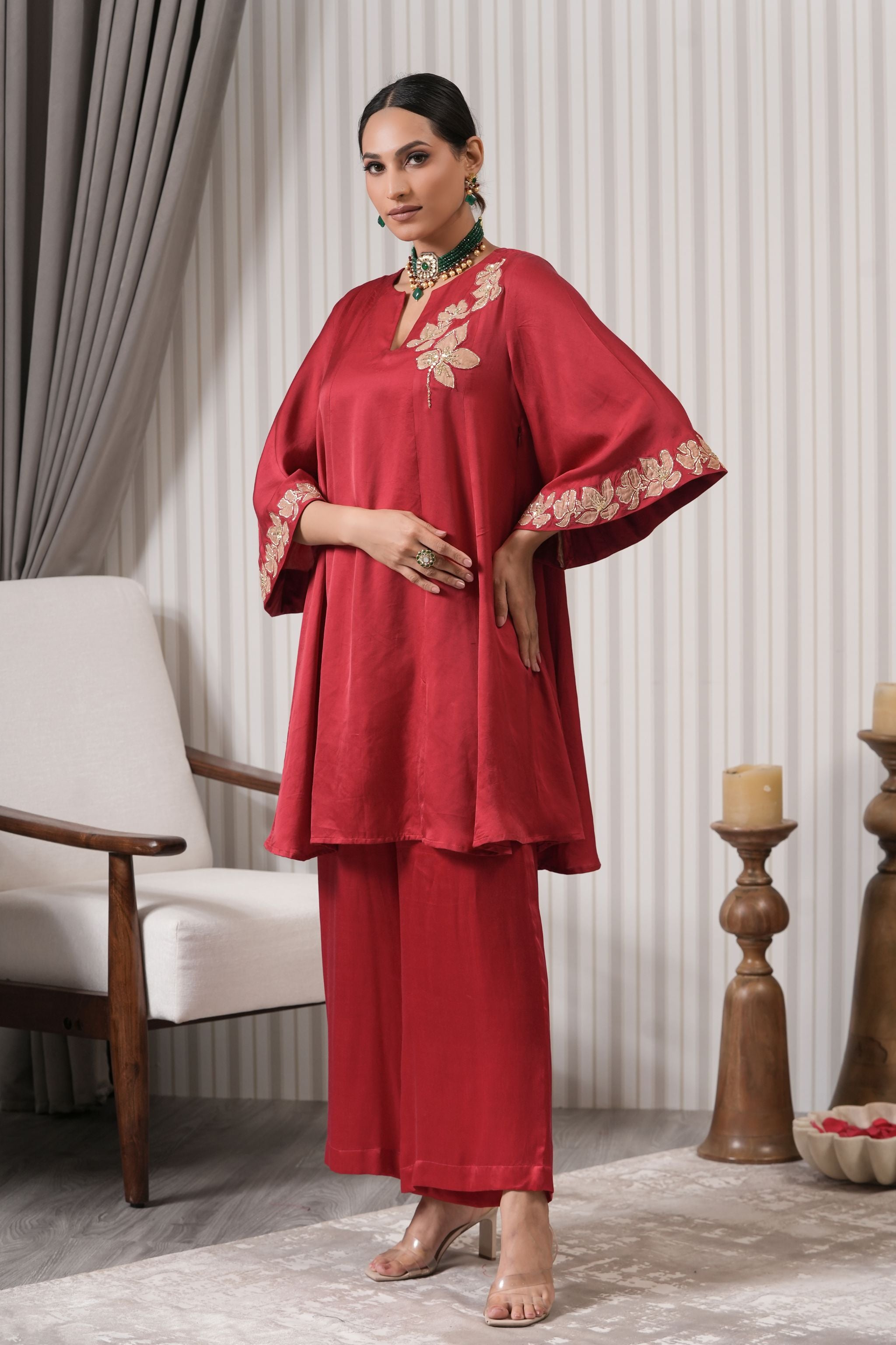 Embroidered Silk A-line Kurta Set - Red Pink