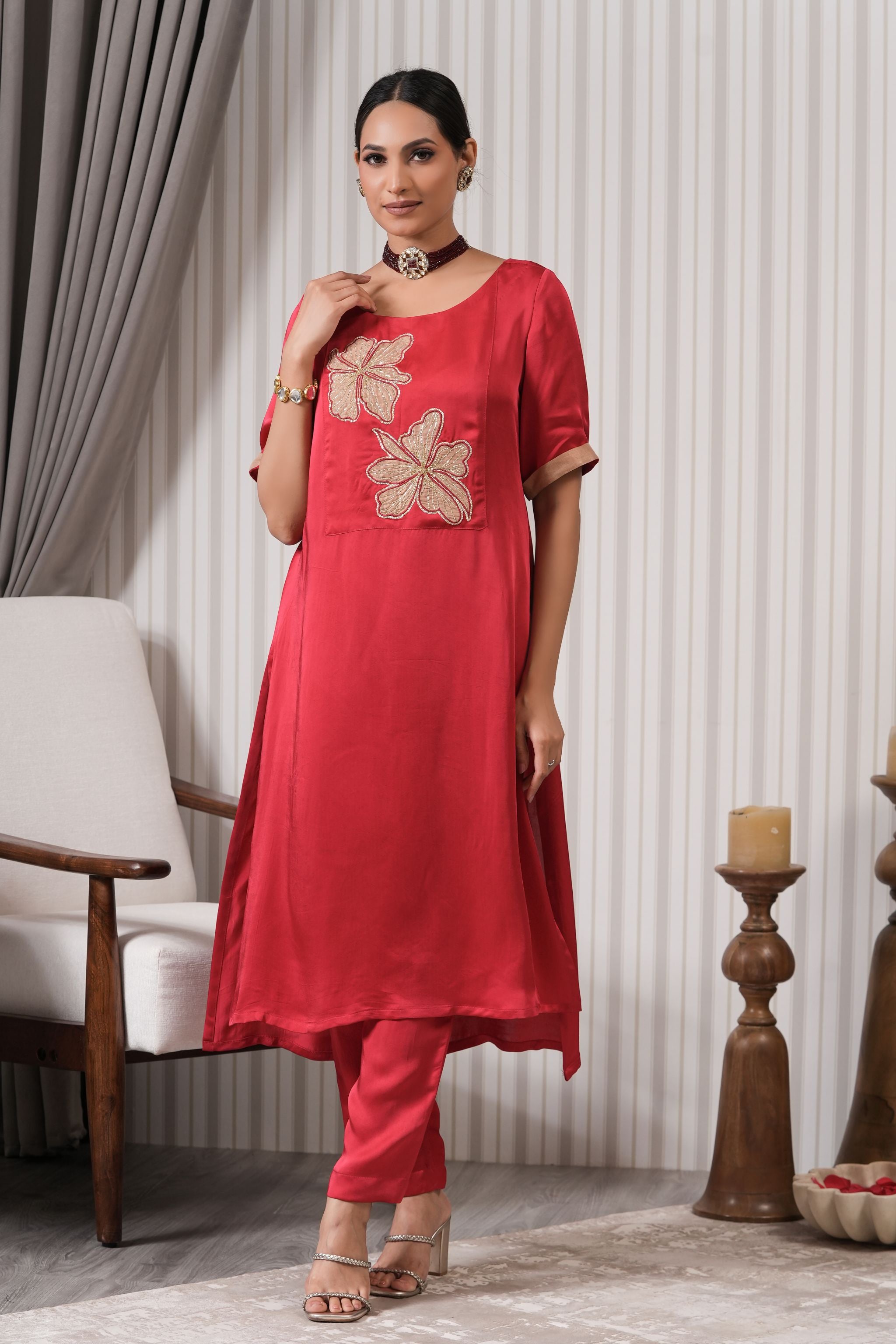 Embroidered Silk A-line Kurta Set - Red Pink