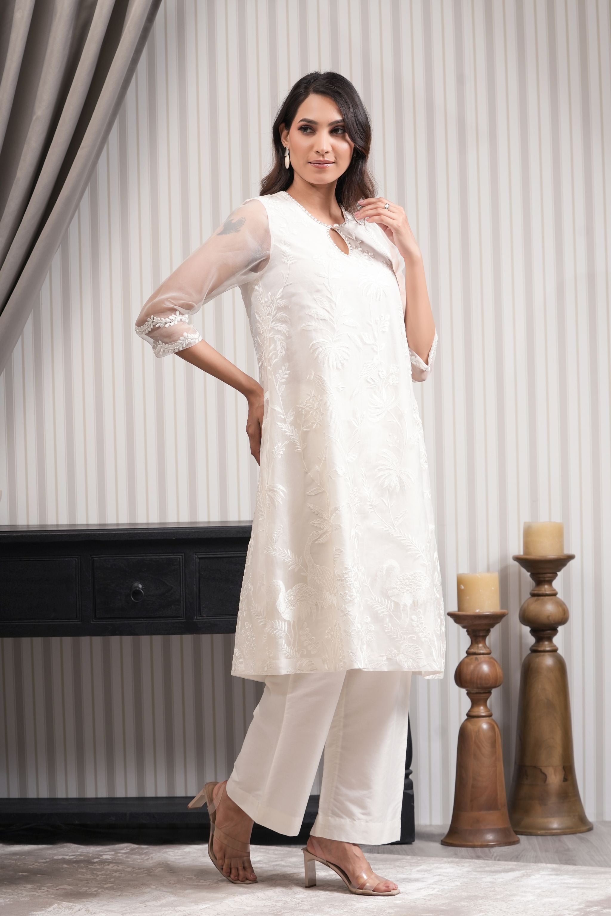 Pure Embroidered Tissue Straight Kurta Set - White